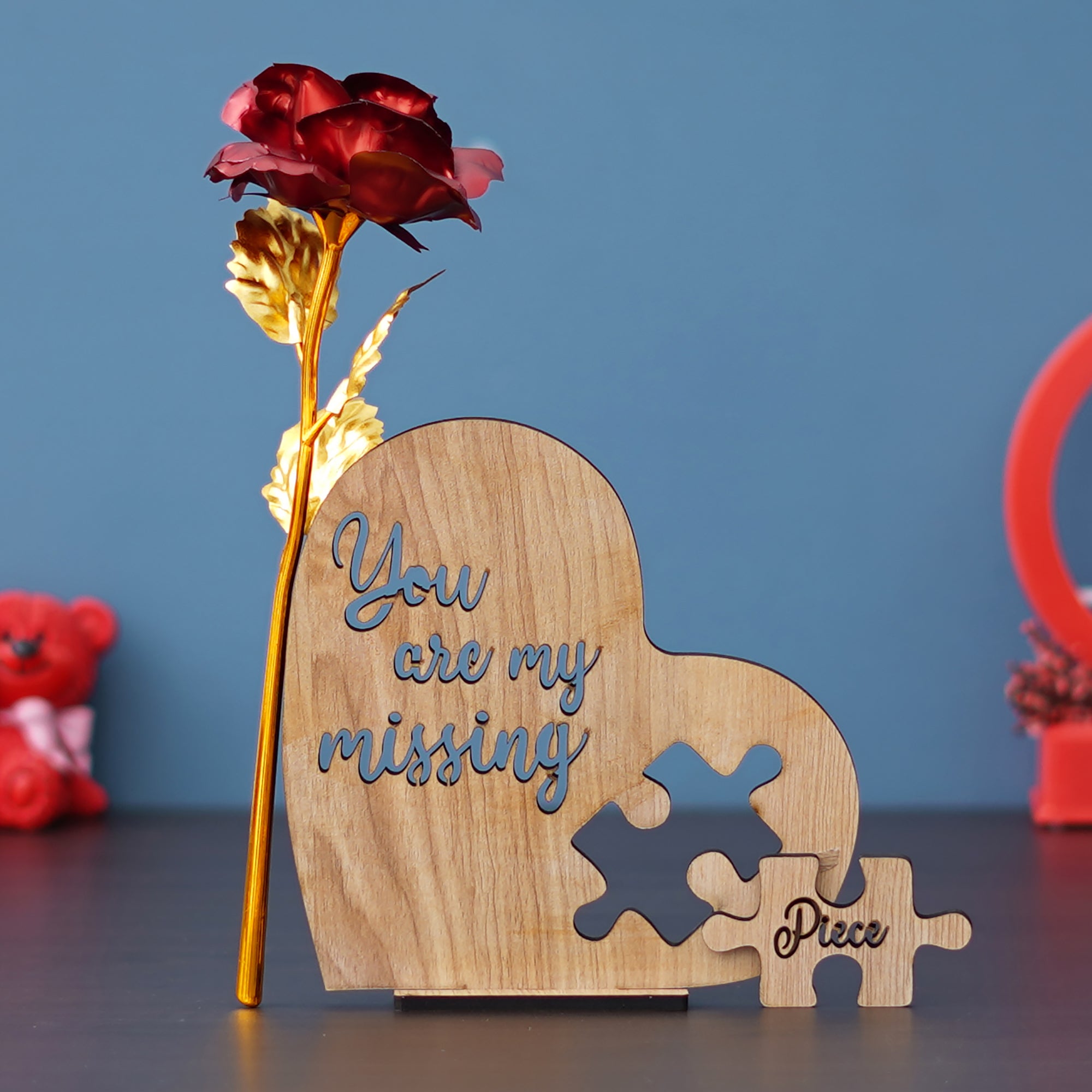 Valentine Combo of Golden Red Rose Gift Set, "You are my missing piece" Wooden Puzzle Brown Showpiece With Stand