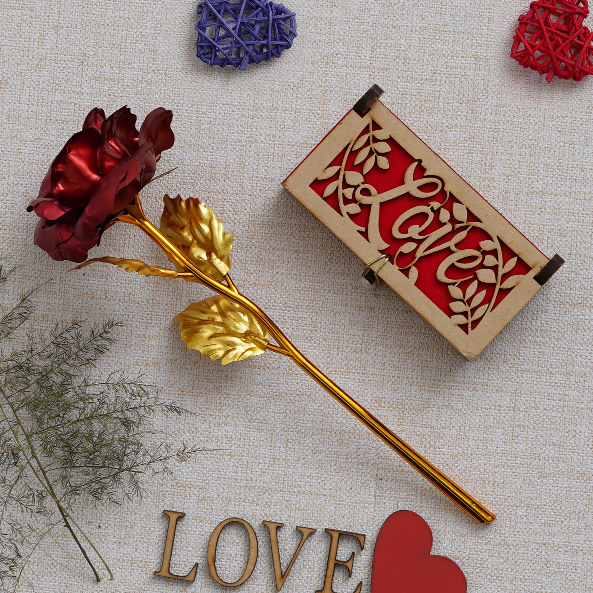 Valentine Combo of Golden Red Rose Gift Set, "Love" Wooden Gift Box