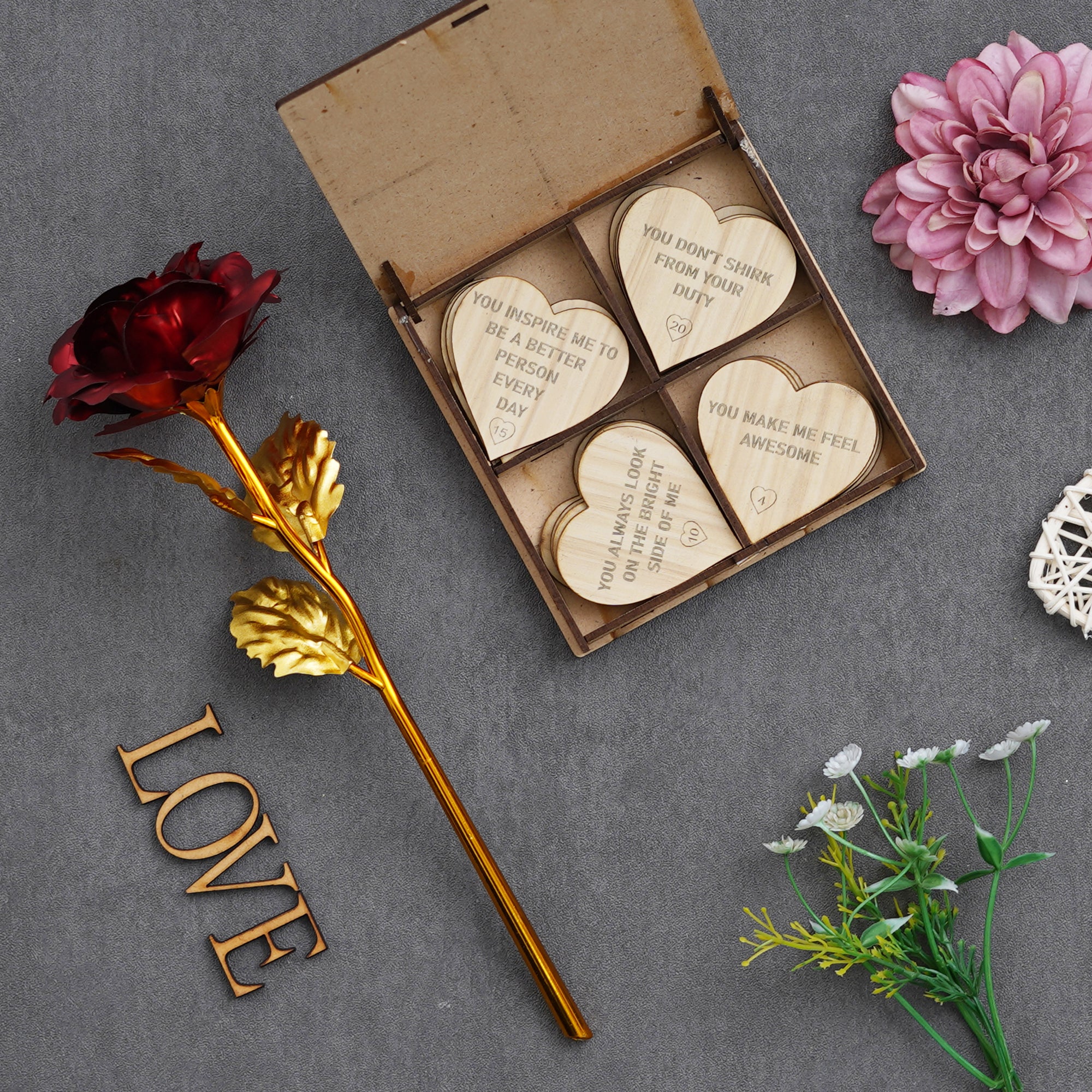 Valentine Combo of Golden Red Rose Gift Set, "20 Reasons Why I Need You" Printed on Little Hearts Wooden Gift Set