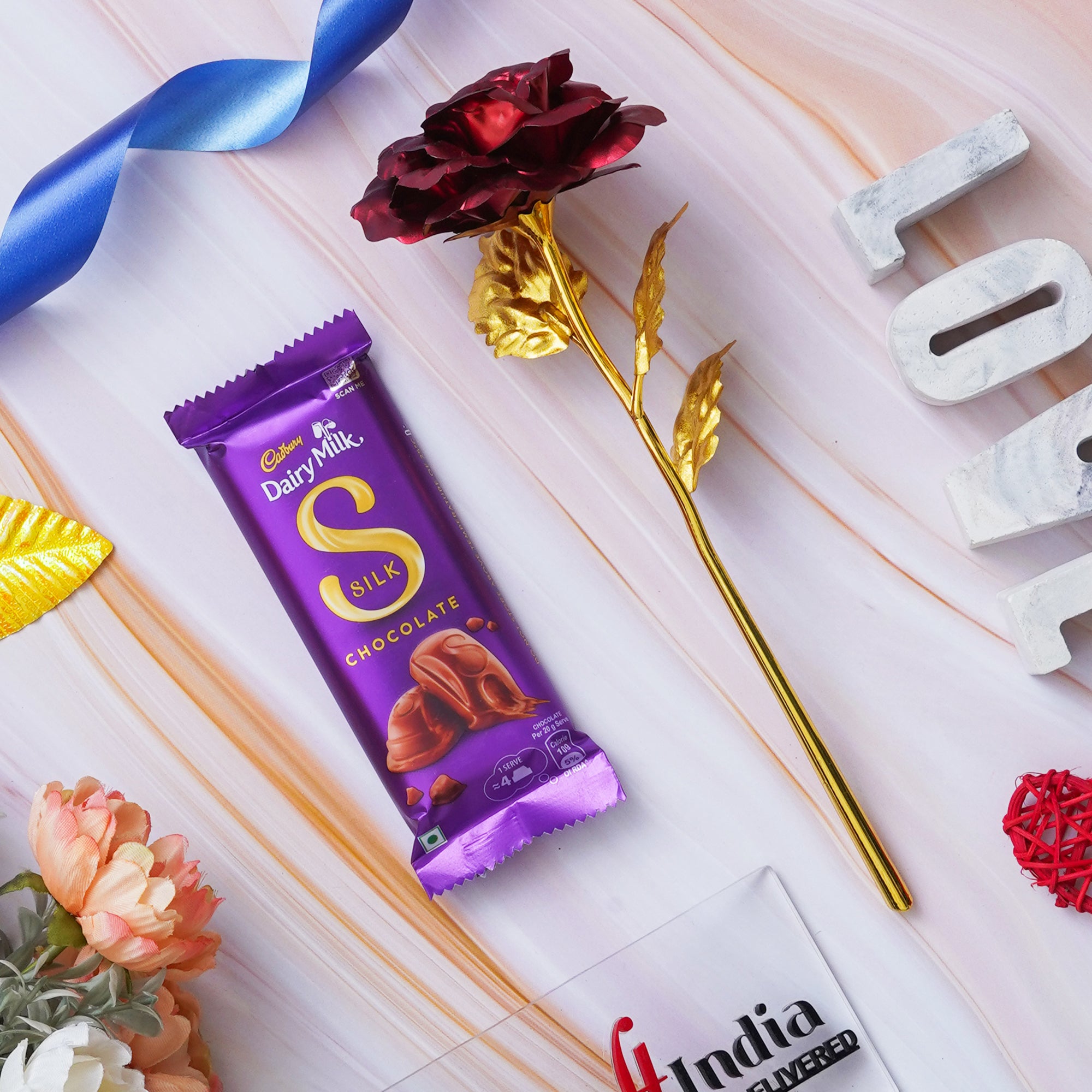 Golden Red Rose Valentine's Gift & Cadbury Dairy Milk Silk Chocolate