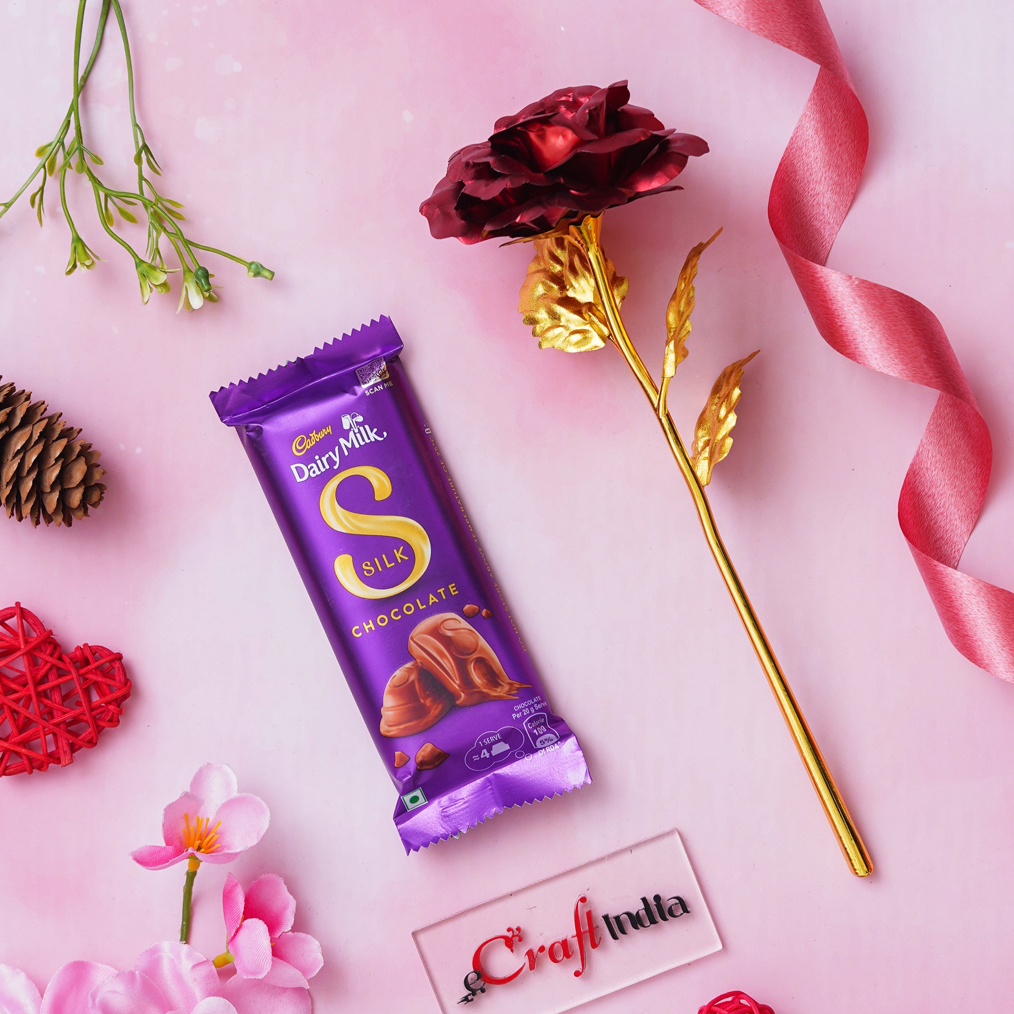 Golden Red Rose Valentine's Gift & Cadbury Dairy Milk Silk Chocolate 1