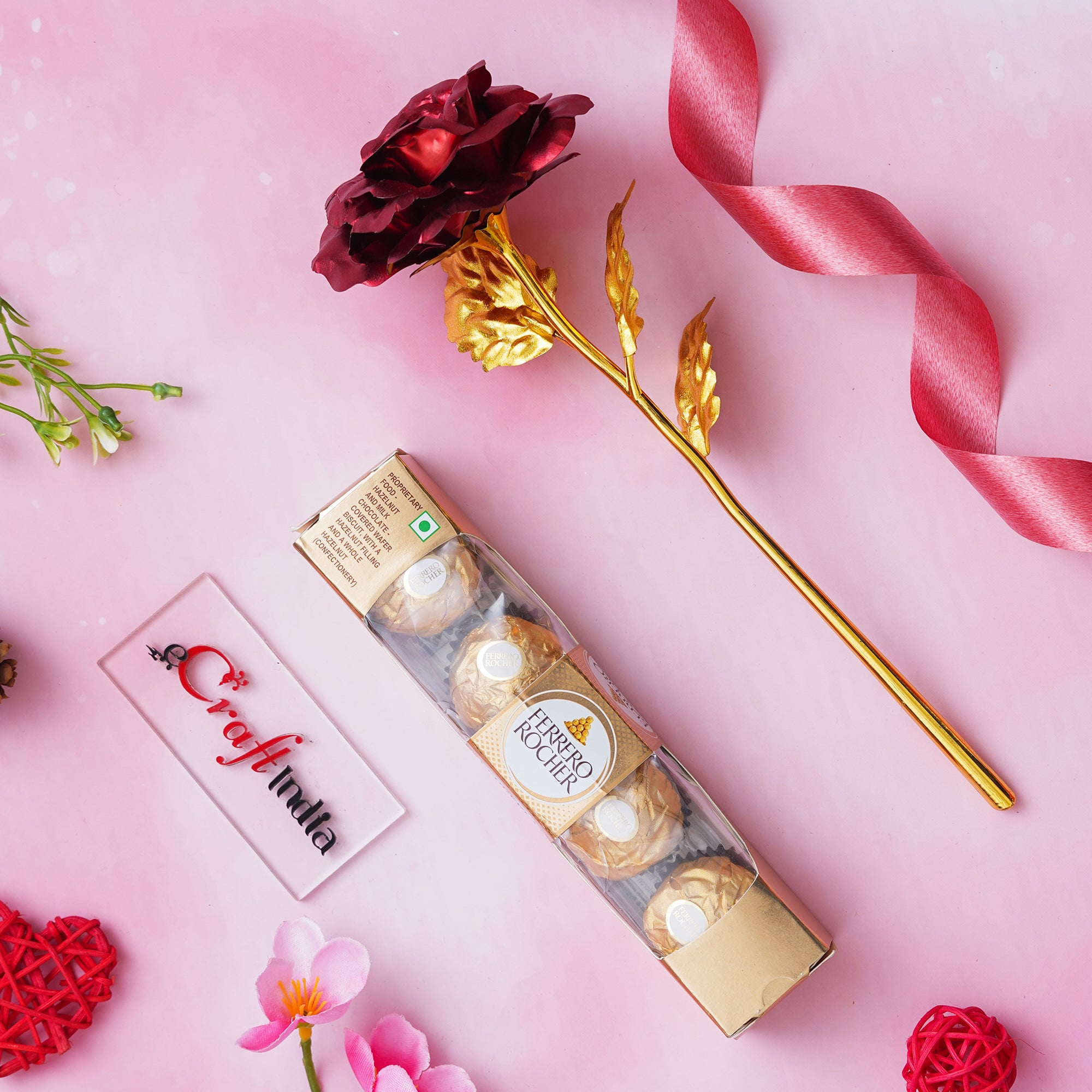 Golden Red Rose Valentine's Gift & Ferrero Rocher Chocolates (5 pcs) 1