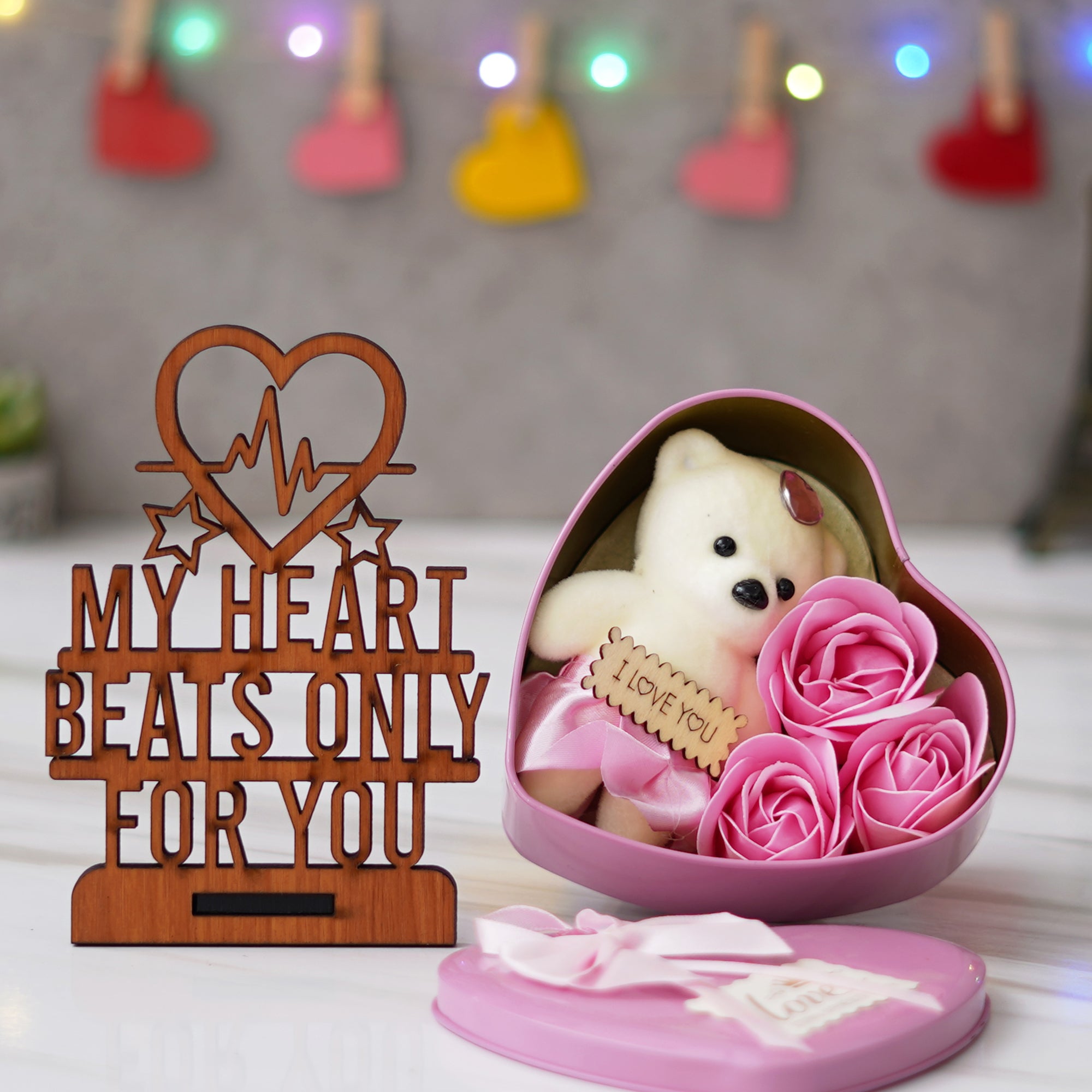 Valentine Combo of "My Heart Beats Only For You" Wooden Showpiece With Stand, Pink Heart Shaped Gift Box with Teddy and Roses