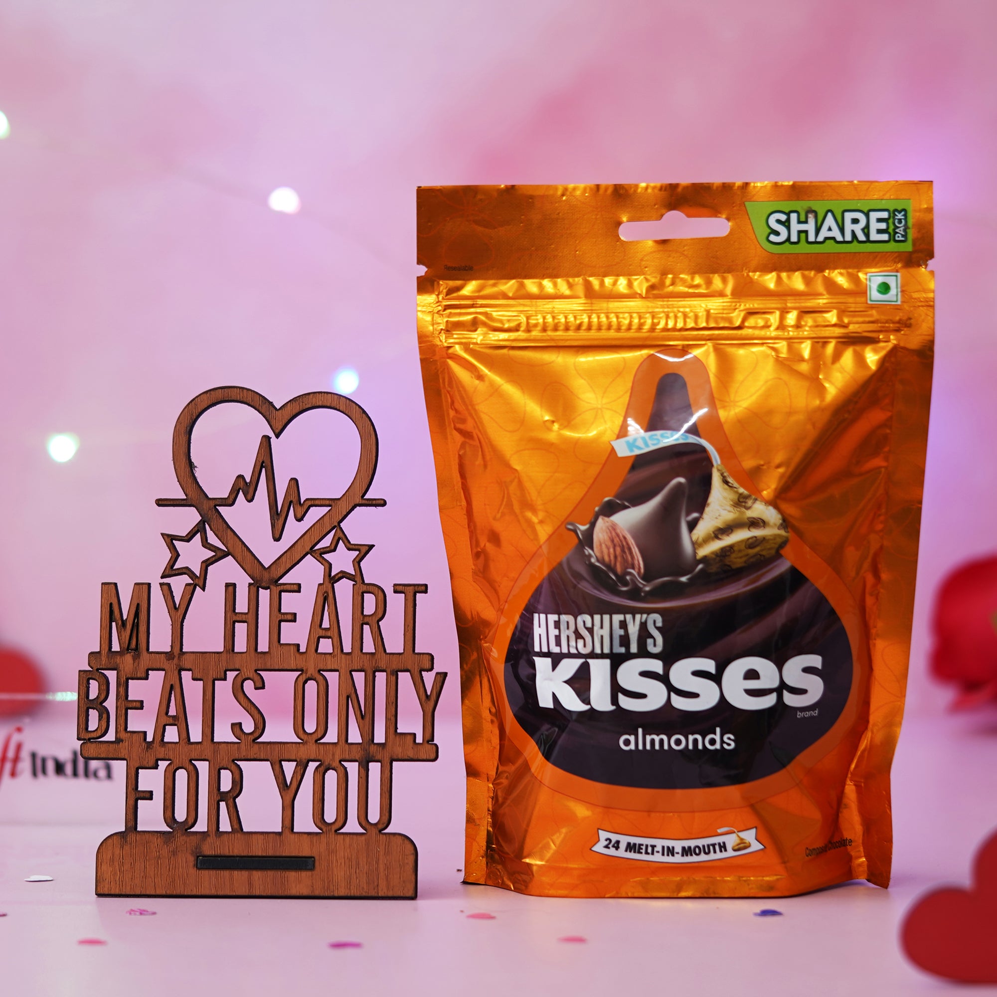 Wooden "My Heart Beats Only For You" Valentine's Gift & Almonds Chocolate