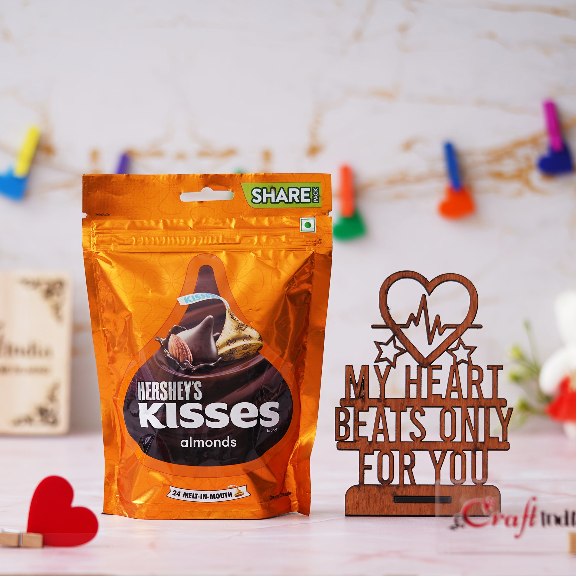 Wooden "My Heart Beats Only For You" Valentine's Gift & Almonds Chocolate 1