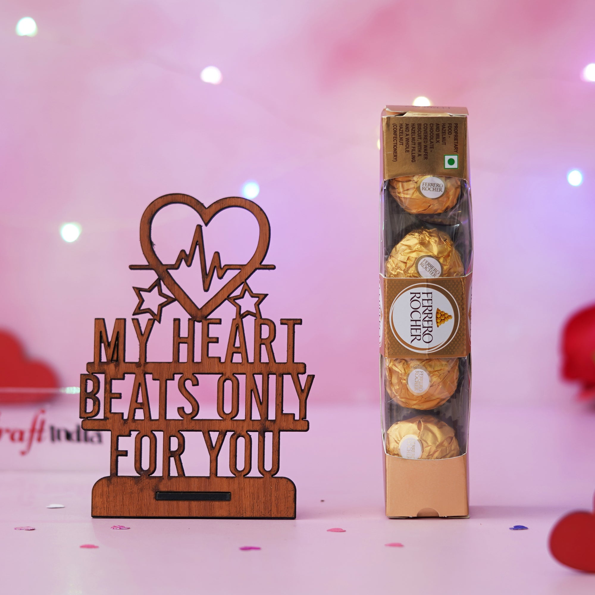 My Heart Beats Only For You Showpiece Gift & Ferrero Rocher Chocolates