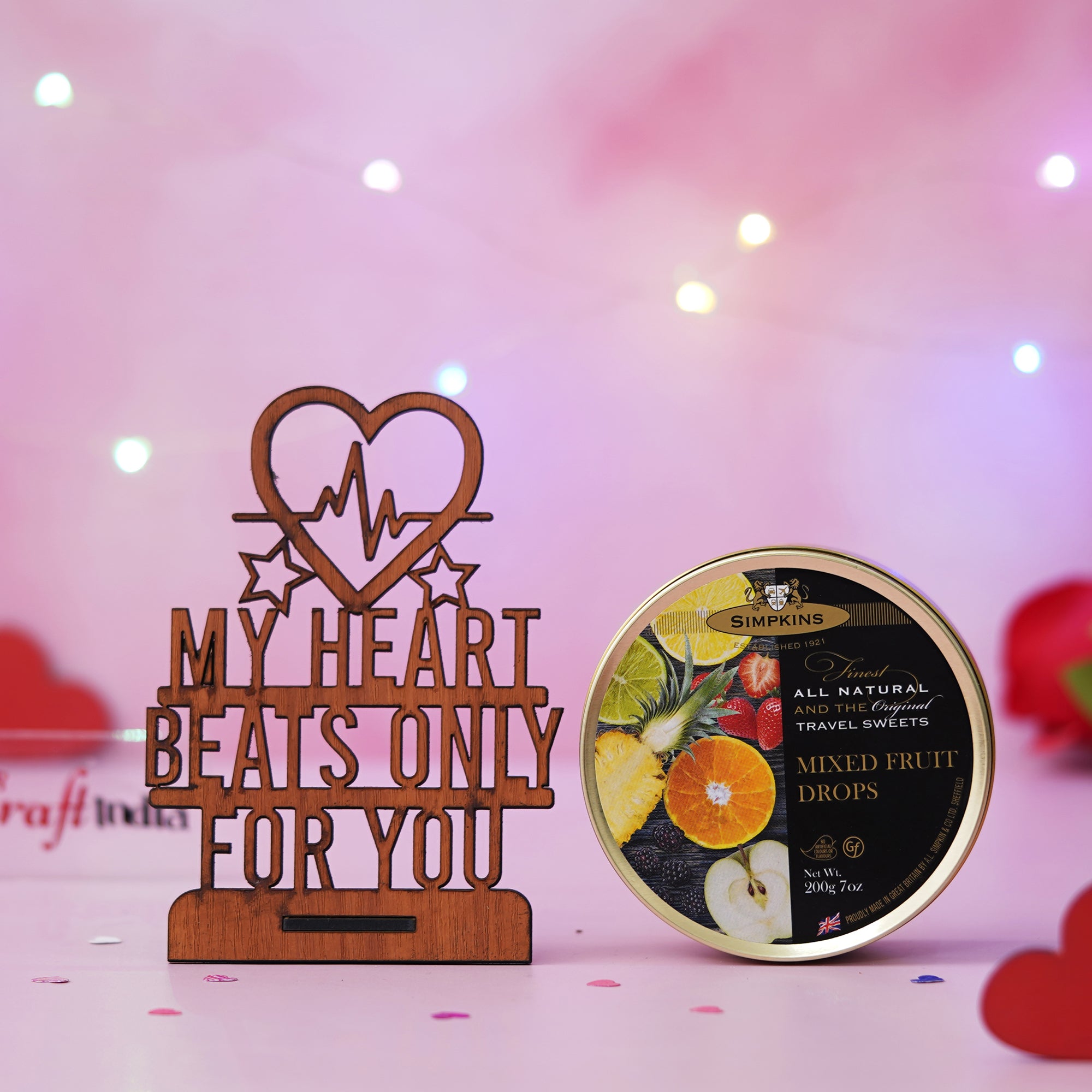 "My Heart Beats Only For You" Showpiece & Mixed Fruit Drops Candy