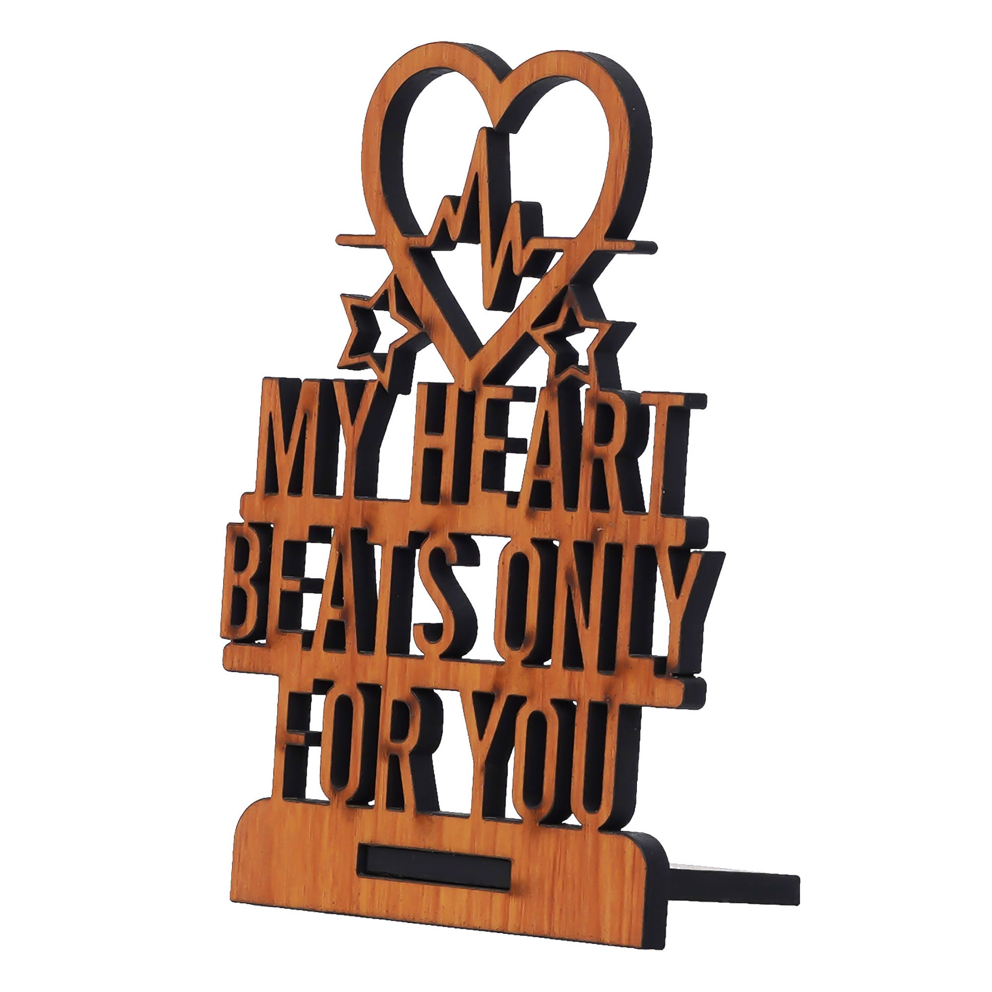 Valentine Combo of "My Heart Beats Only For You" Wooden Showpiece With Stand, Pink Heart Shaped Gift Box with Teddy and Roses 7