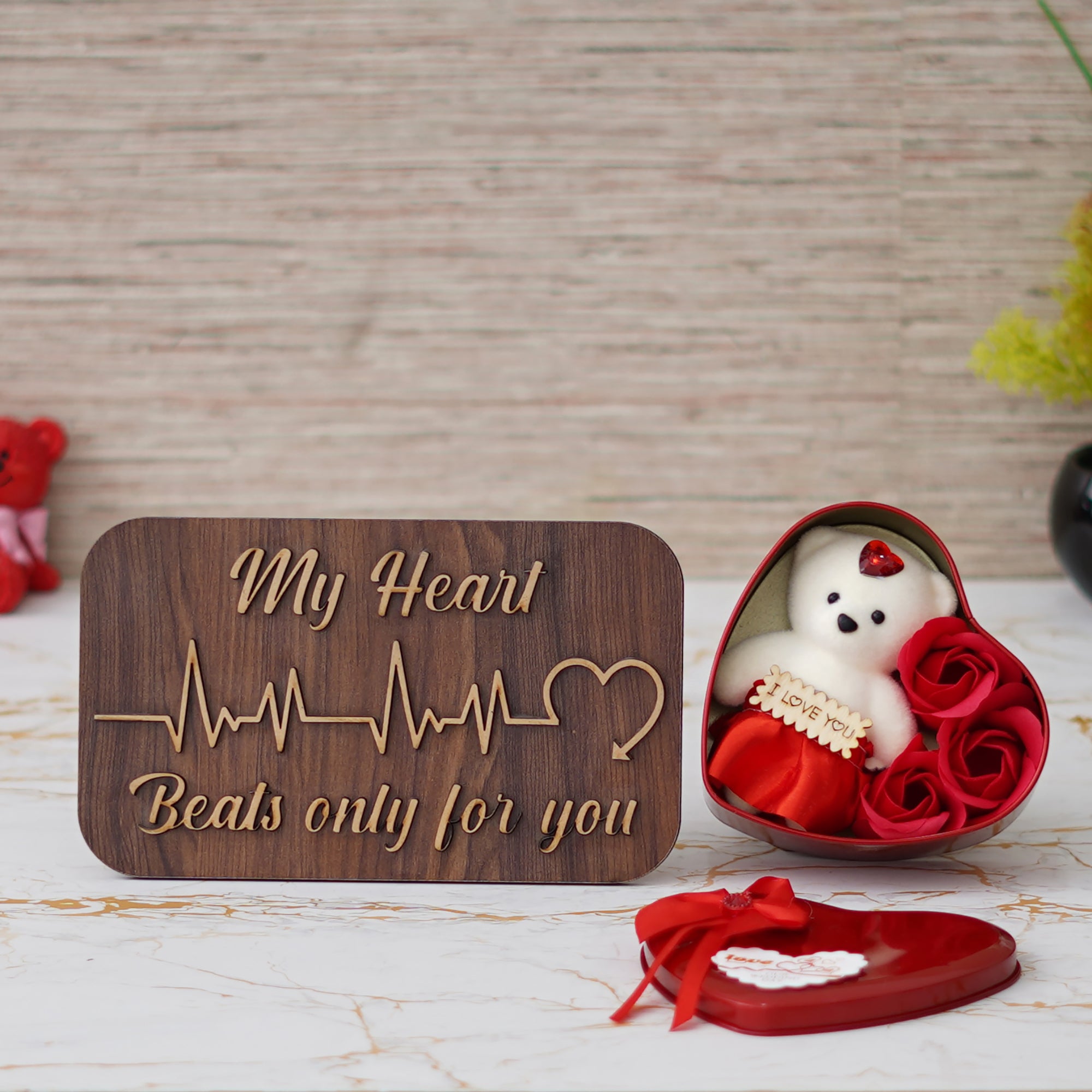 Valentine Combo of "My Heart Beats Only For You" Wooden Showpiece With Stand, Heart Shaped Gift Box Set with White Teddy and Red Roses