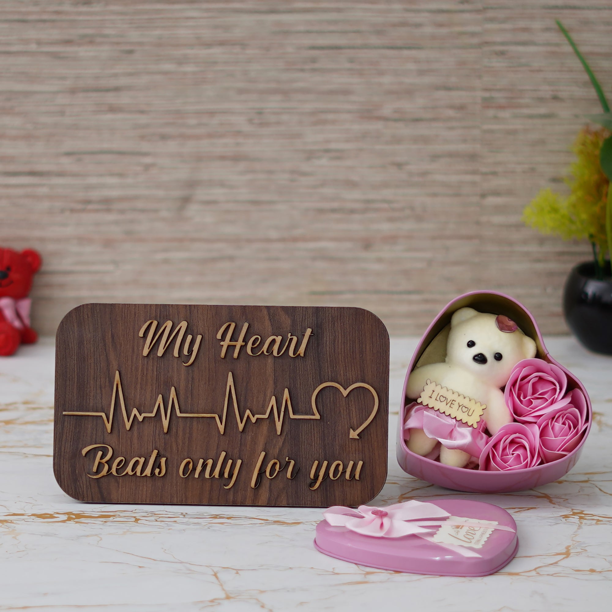 Valentine Combo of "My Heart Beats Only For You" Wooden Showpiece With Stand, Pink Heart Shaped Gift Box with Teddy and Roses