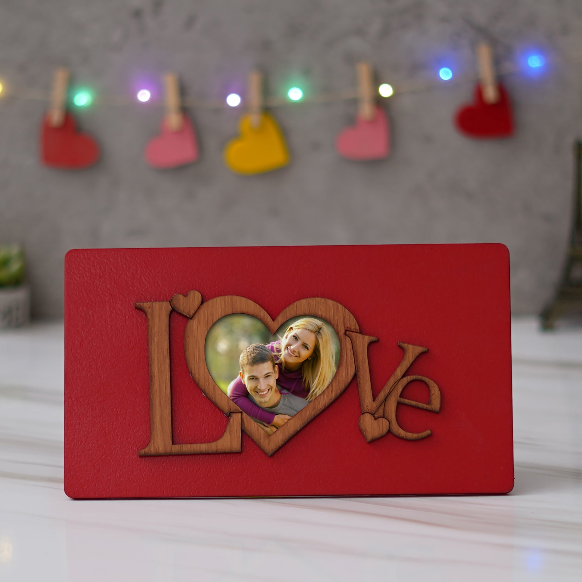 Valentine Combo of Golden Rose Gift Set, "Love" Wooden Photo Frame With Red Stand, Heart Shaped Gift Box Set with White Teddy and Red Roses 3