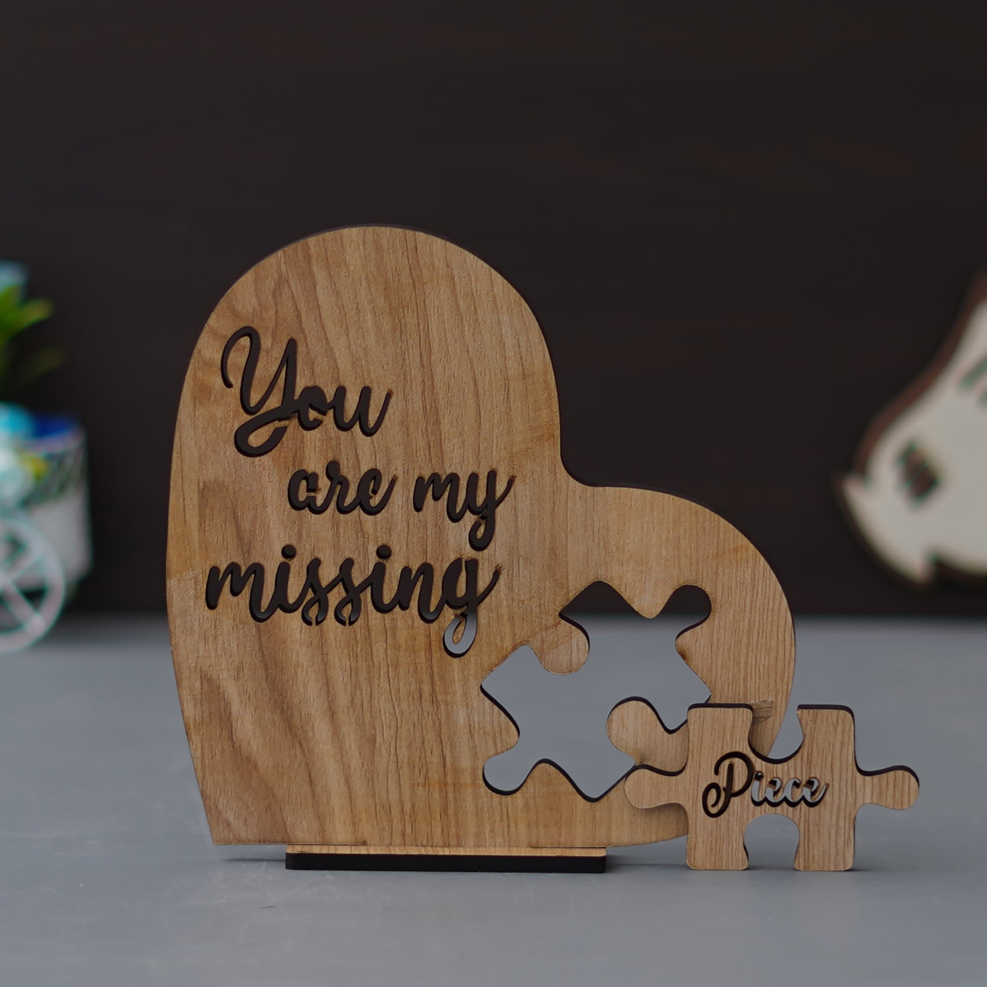 Valentine Combo of Golden Red Rose Gift Set, "You are my missing piece" Wooden Puzzle Brown Showpiece With Stand 3