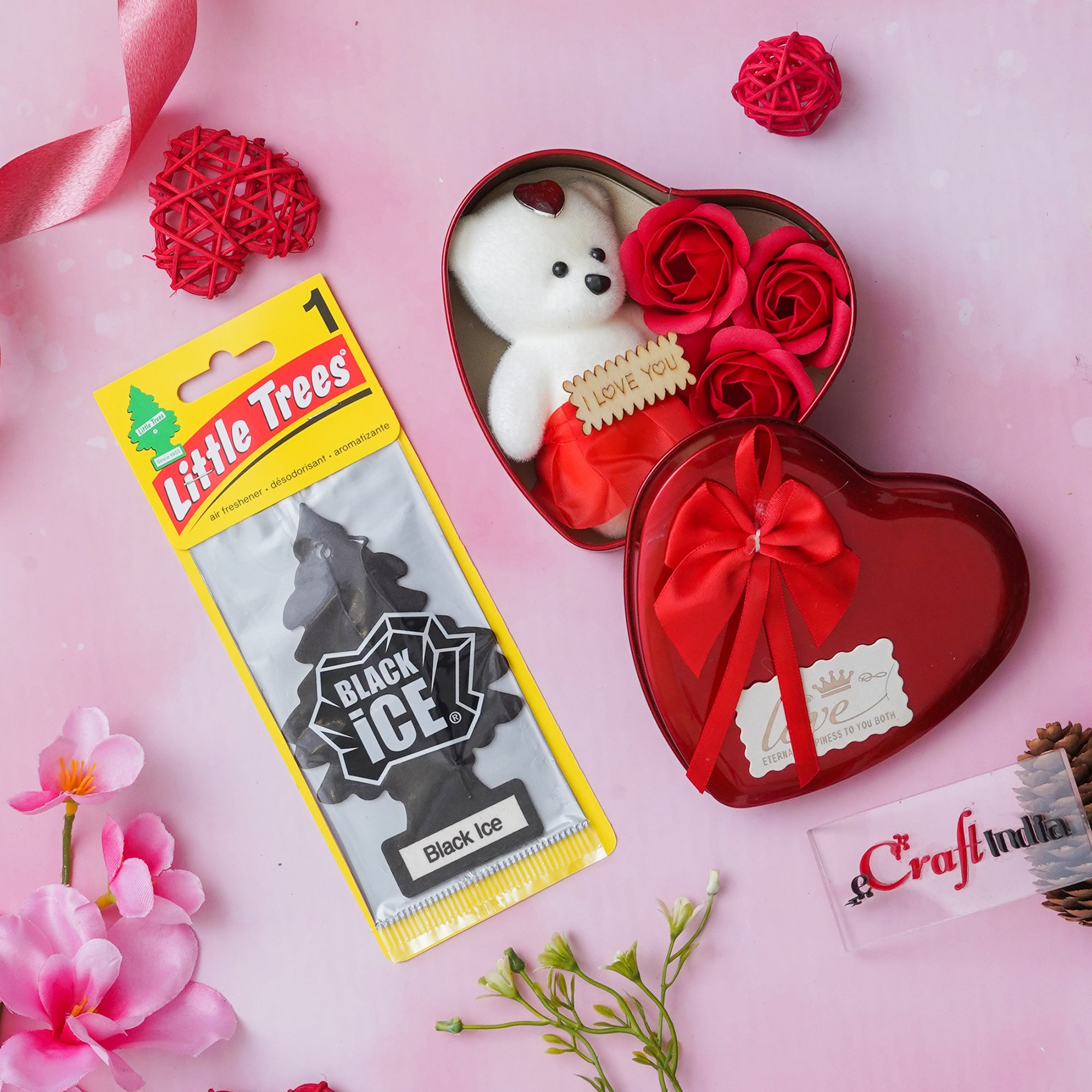 Valentine's Day Gift Box Teddy Bear, Roses & Air Freshener Black Ice Pack