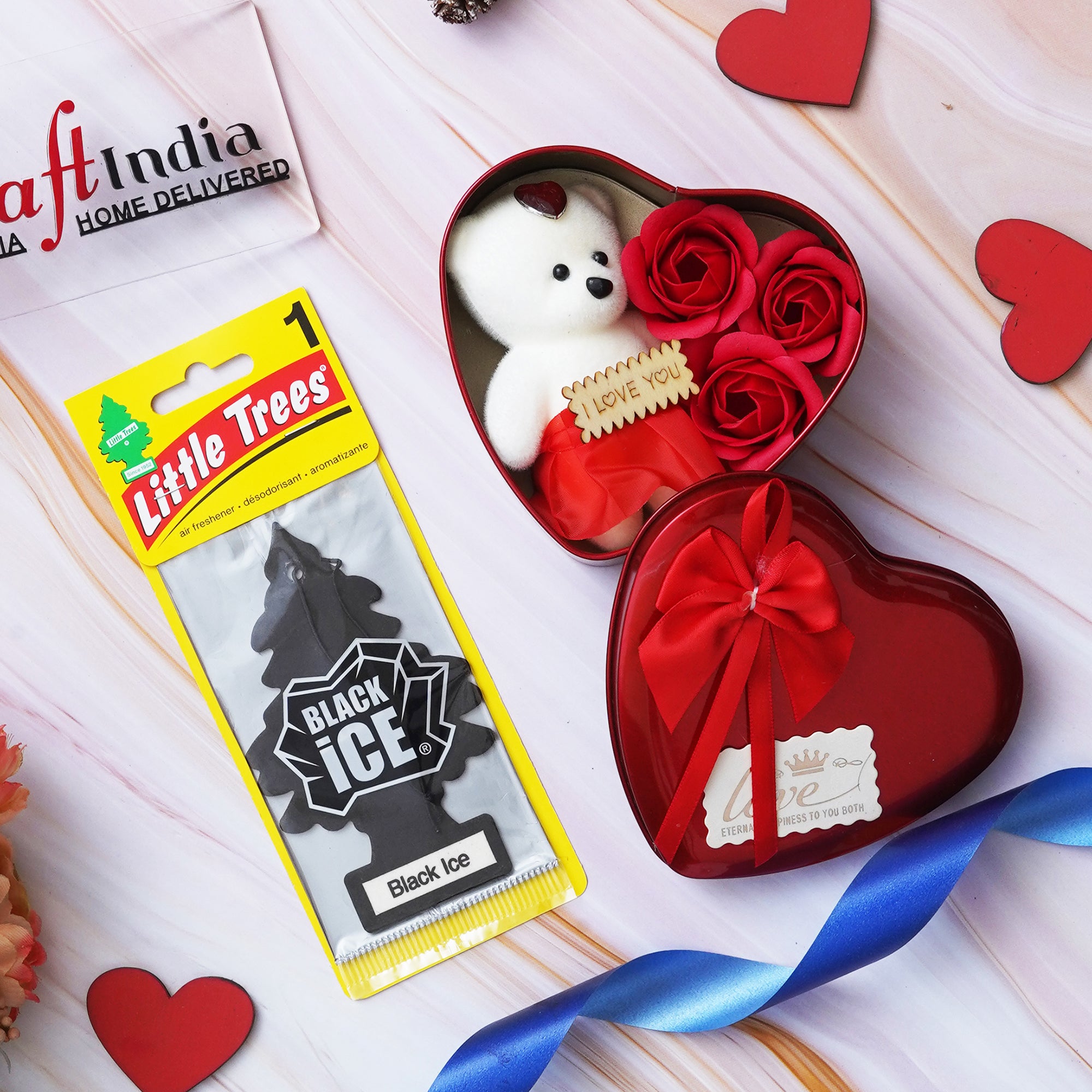 Valentine's Day Gift Box Teddy Bear, Roses & Air Freshener Black Ice Pack 1