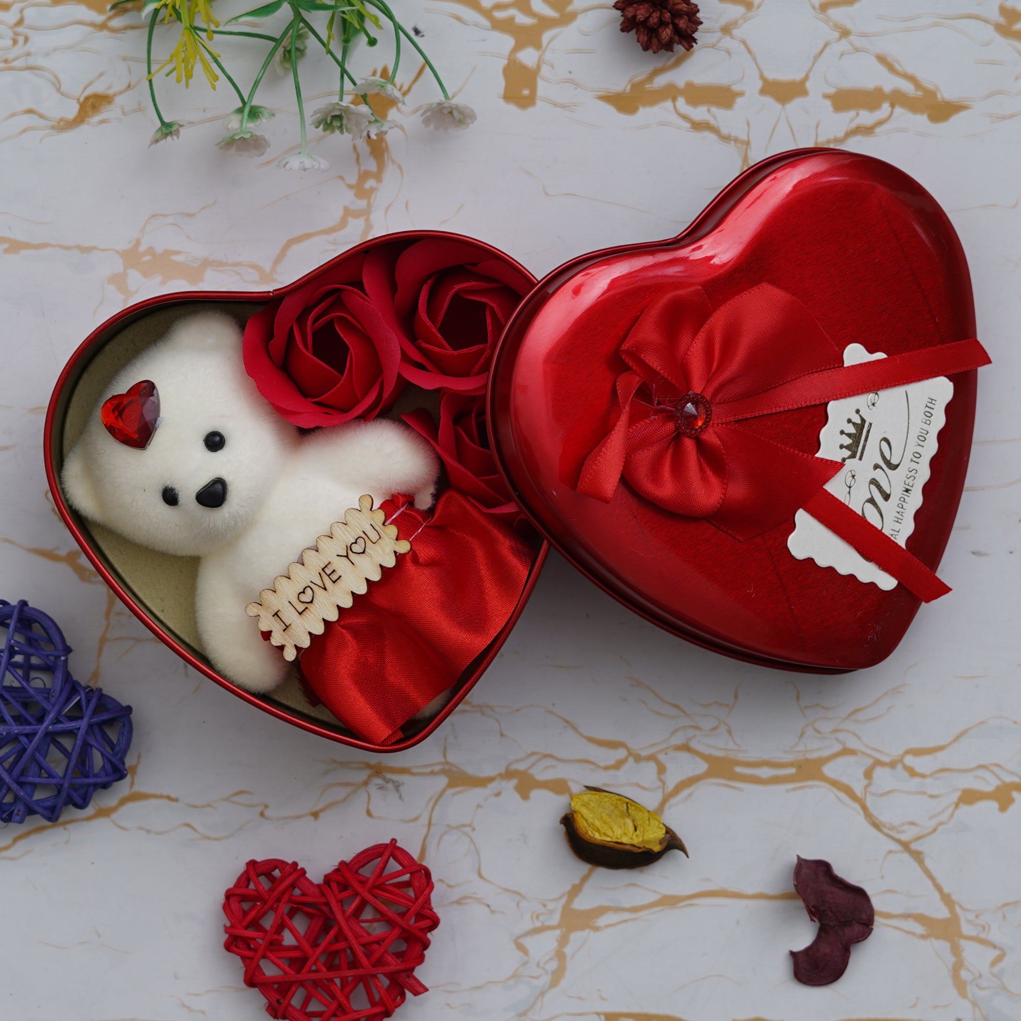 Heart Shaped Valentine Gift Box Set with White Teddy and Red Flowers 1