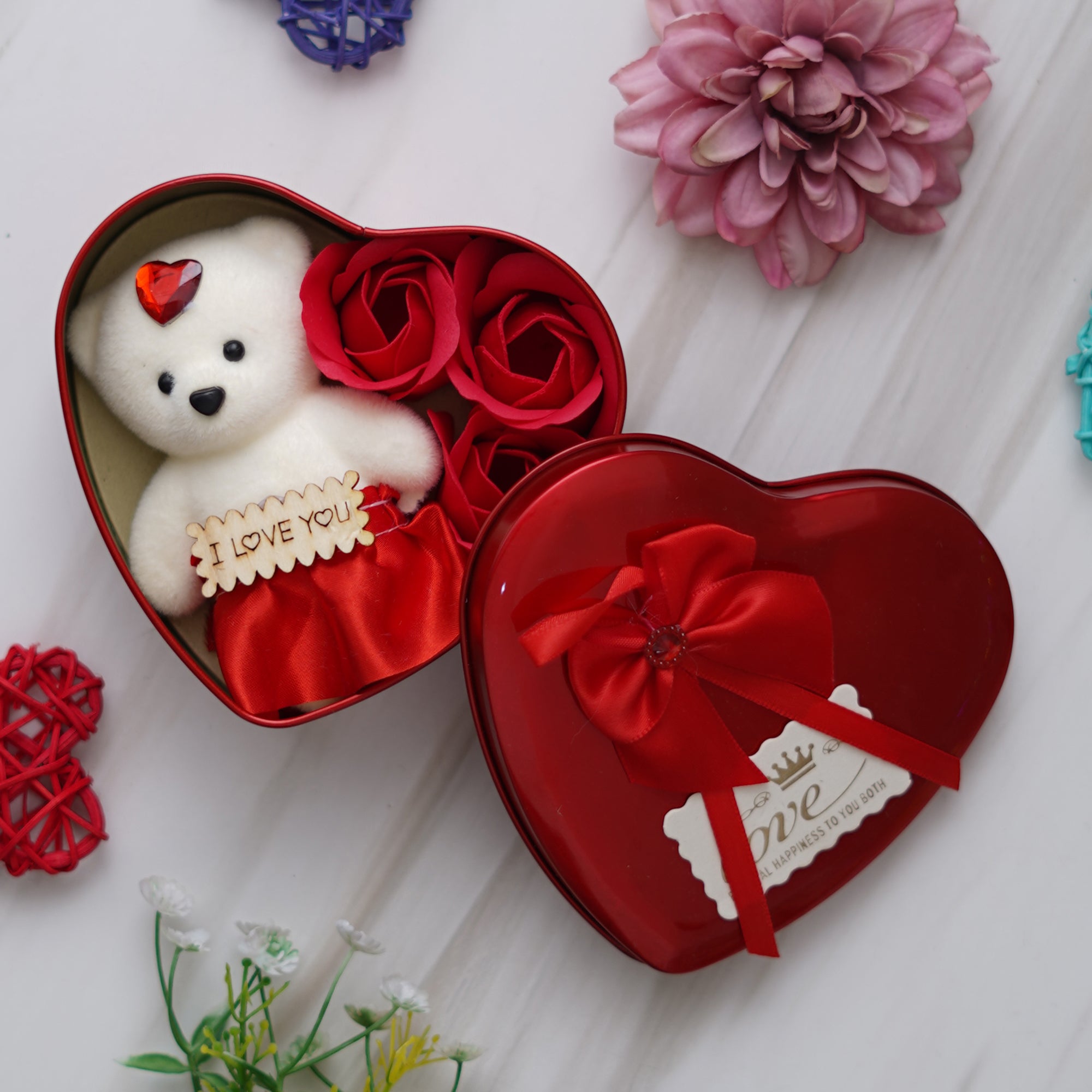 Valentine Combo of Card, Heart Shaped Gift Box Set with White Teddy and Red Roses, Red Message Bottle Wooden Box Set 3