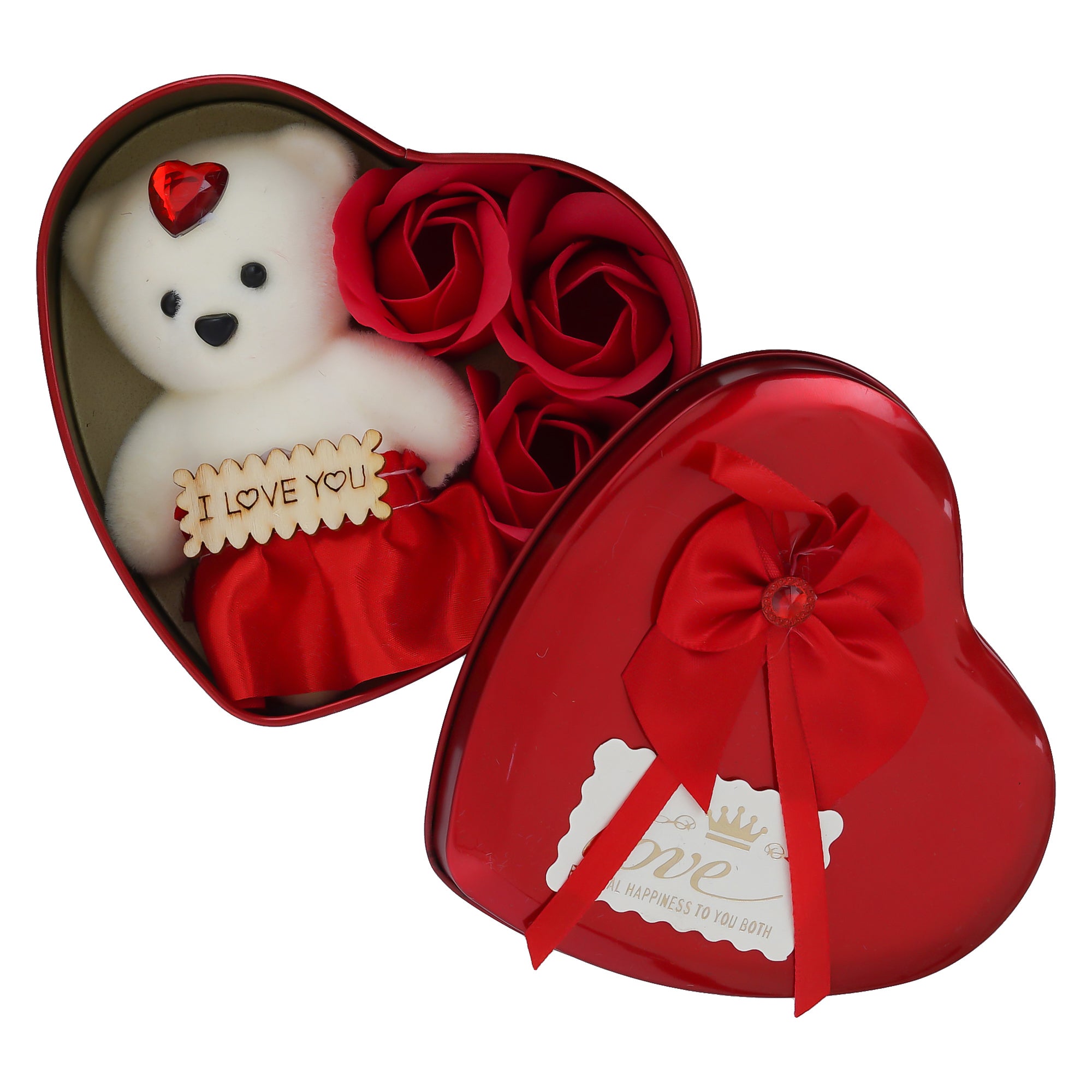 Heart Shaped Valentine Gift Box Set with White Teddy and Red Flowers 2