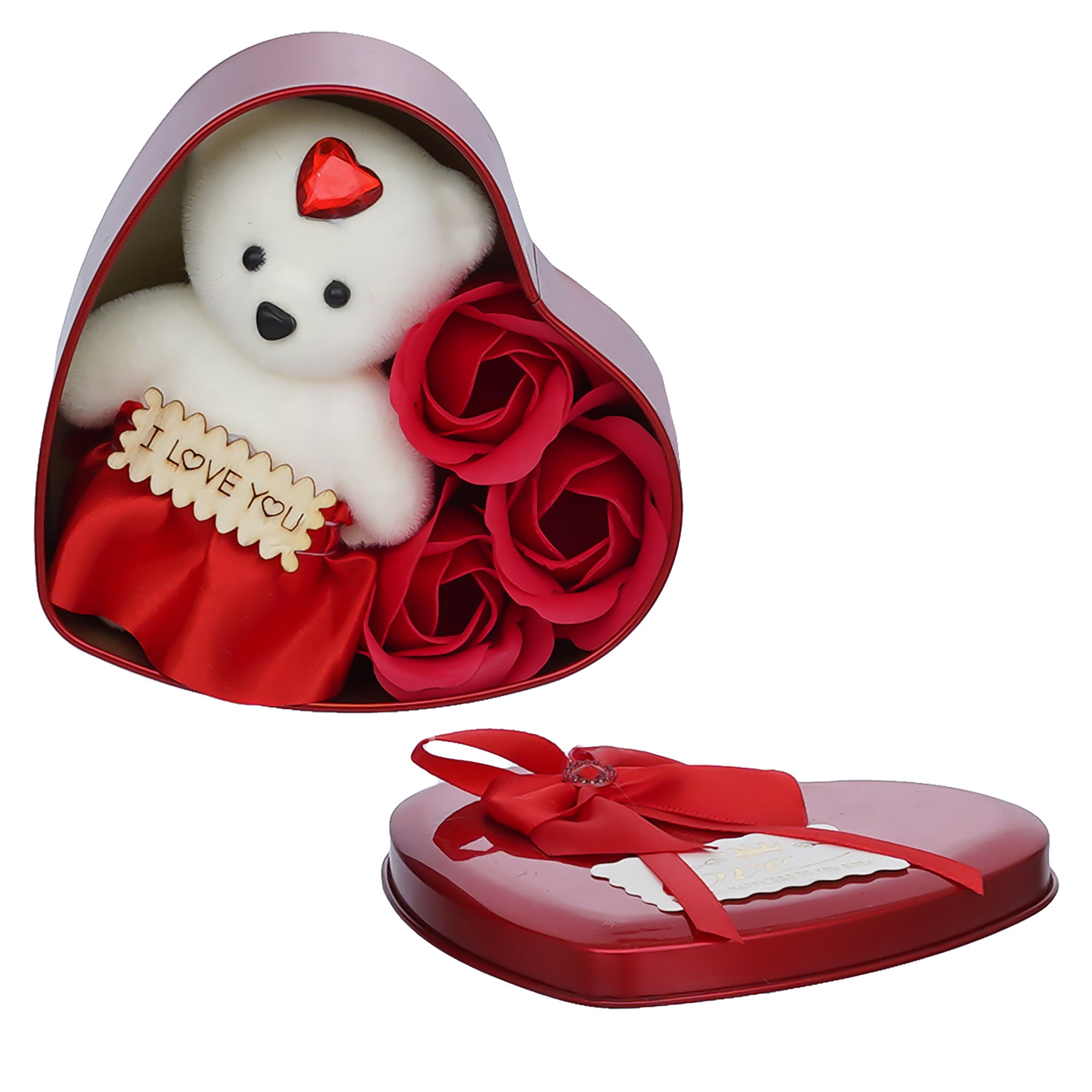 Heart Shaped Valentine Gift Box Set with White Teddy and Red Flowers 5