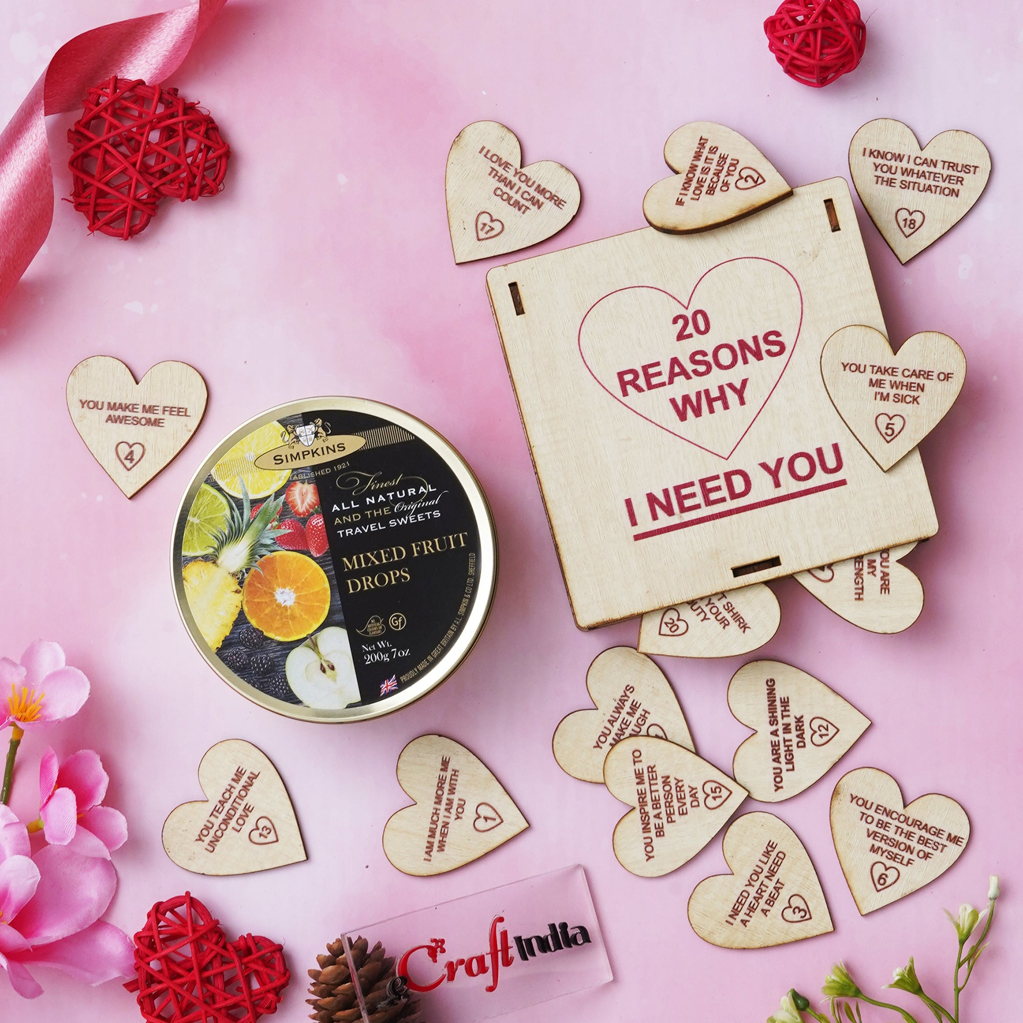 "20 Reasons Why I Need You" Little Hearts Gift  & Fruit Drops Candy