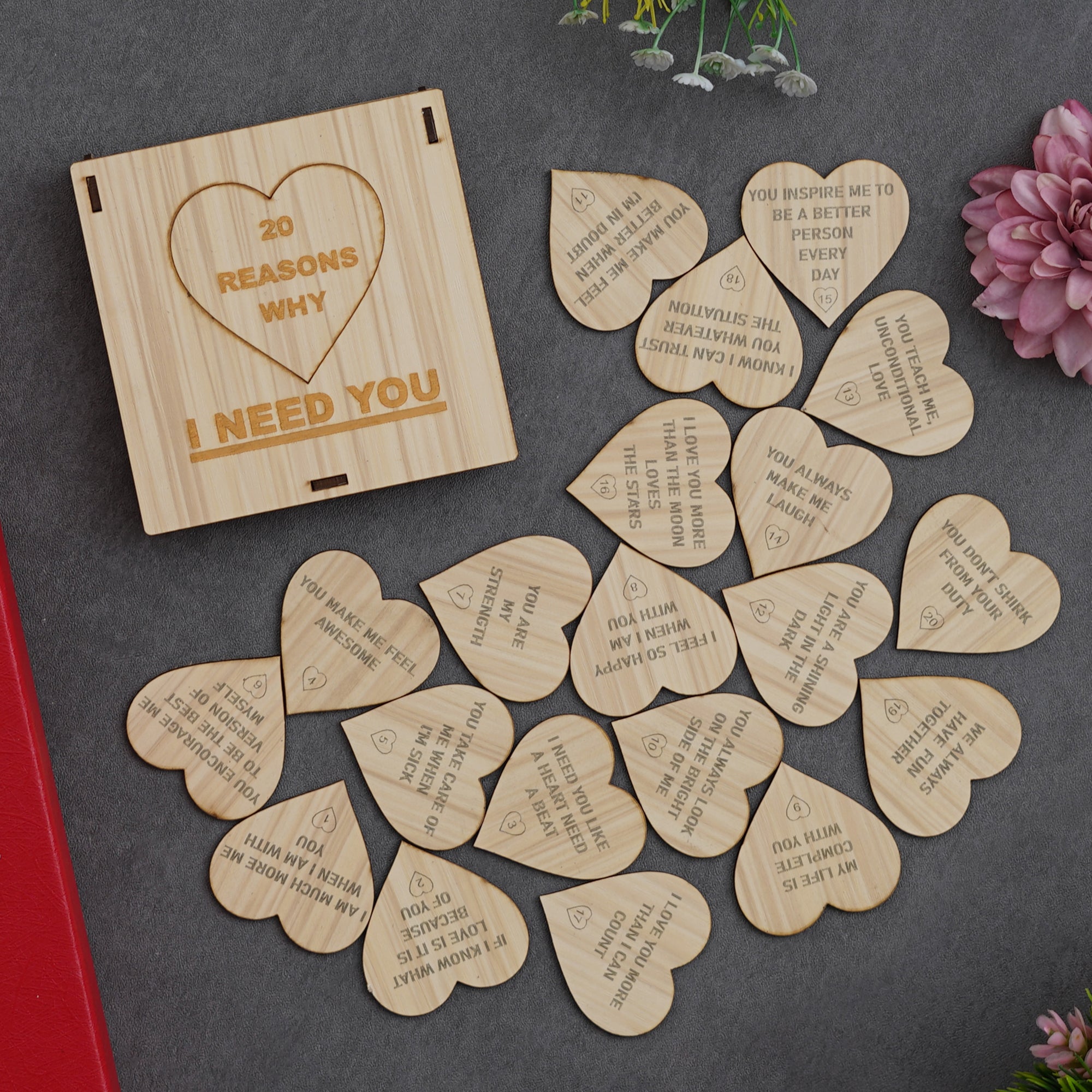 Valentine Combo of Golden Red Rose Gift Set, "20 Reasons Why I Need You" Printed on Little Hearts Wooden Gift Set 3