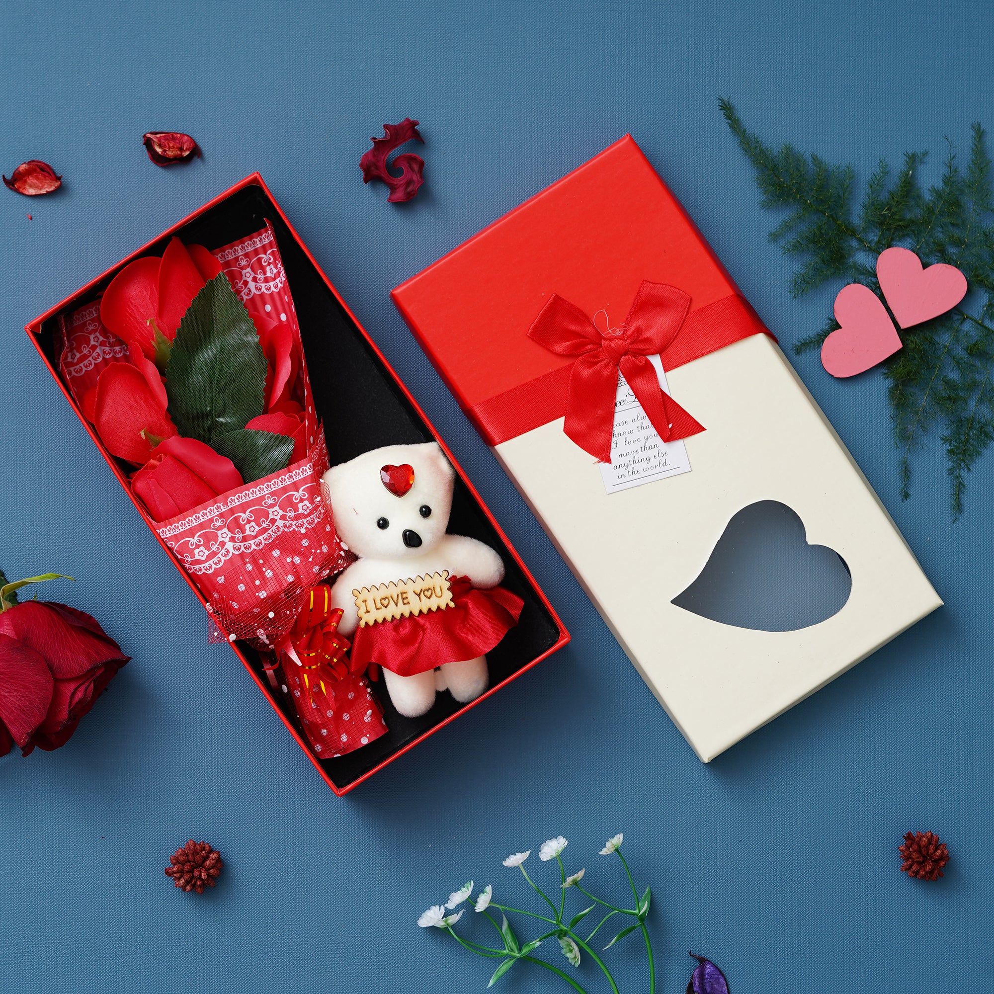 Valentine Combo of Pack of 8 Love Gift Cards, "Things I Love About You" Puzzle Wooden Gift Set, Red Roses Bouquet and White, Red Teddy Bear Valentine's Rectangle Shaped Gift Box 5