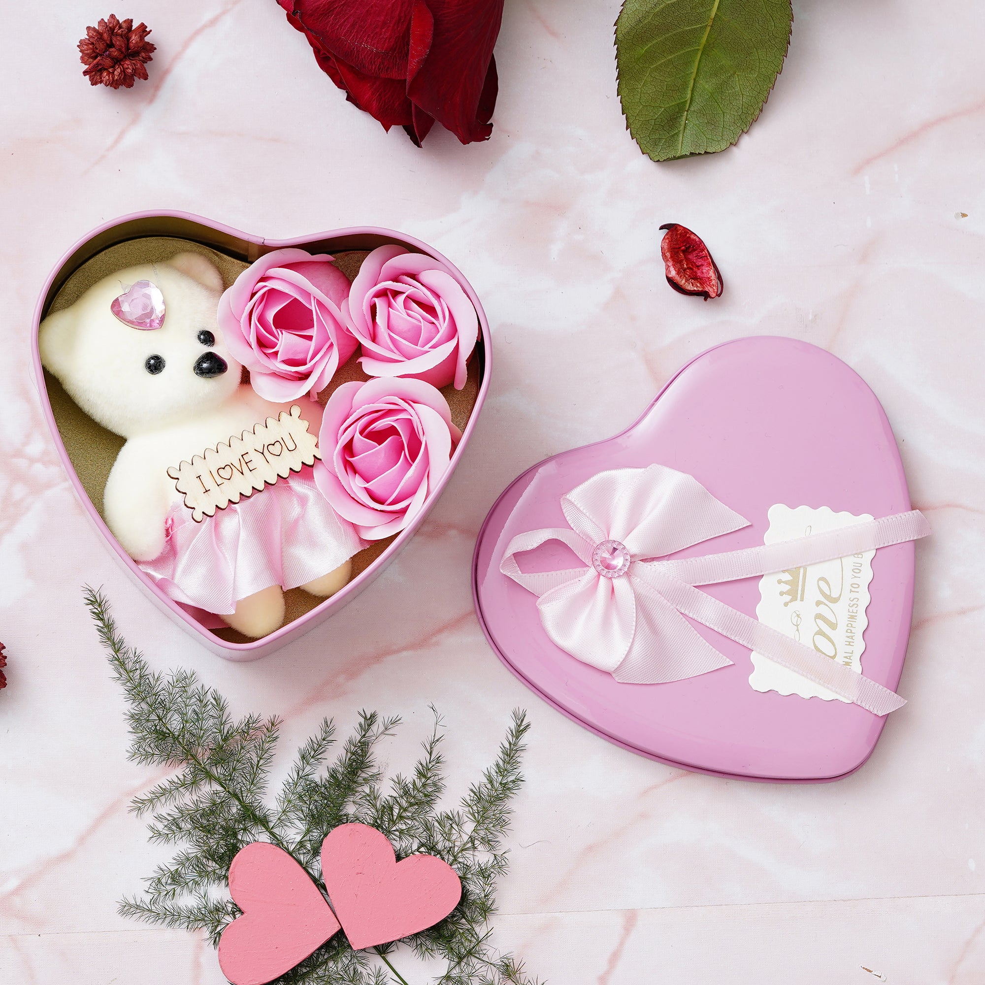 Valentine Combo of Love Golden Rose Table Decor Gift Set Showpiece, Pink Heart Shaped Gift Box with Teddy and Roses 3