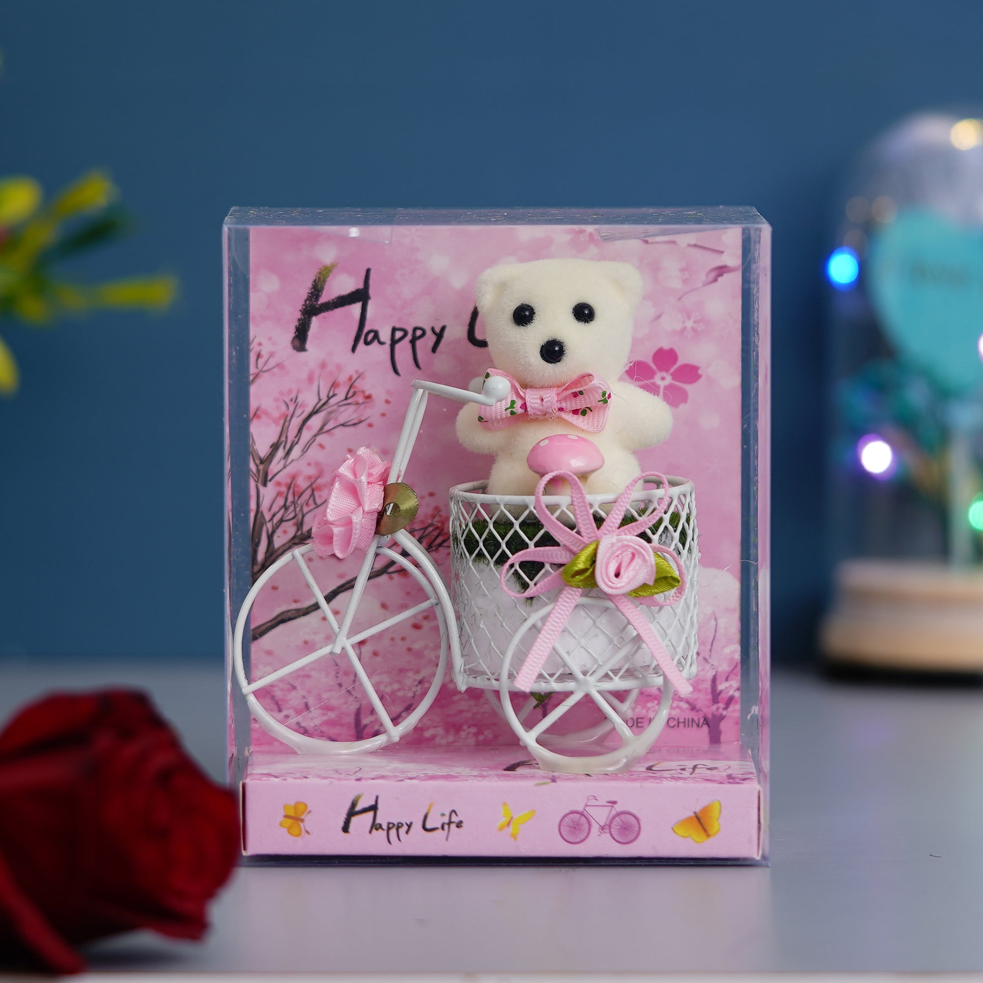 White Cycle with Teddy Bear and Rose Petals Gift Box 1