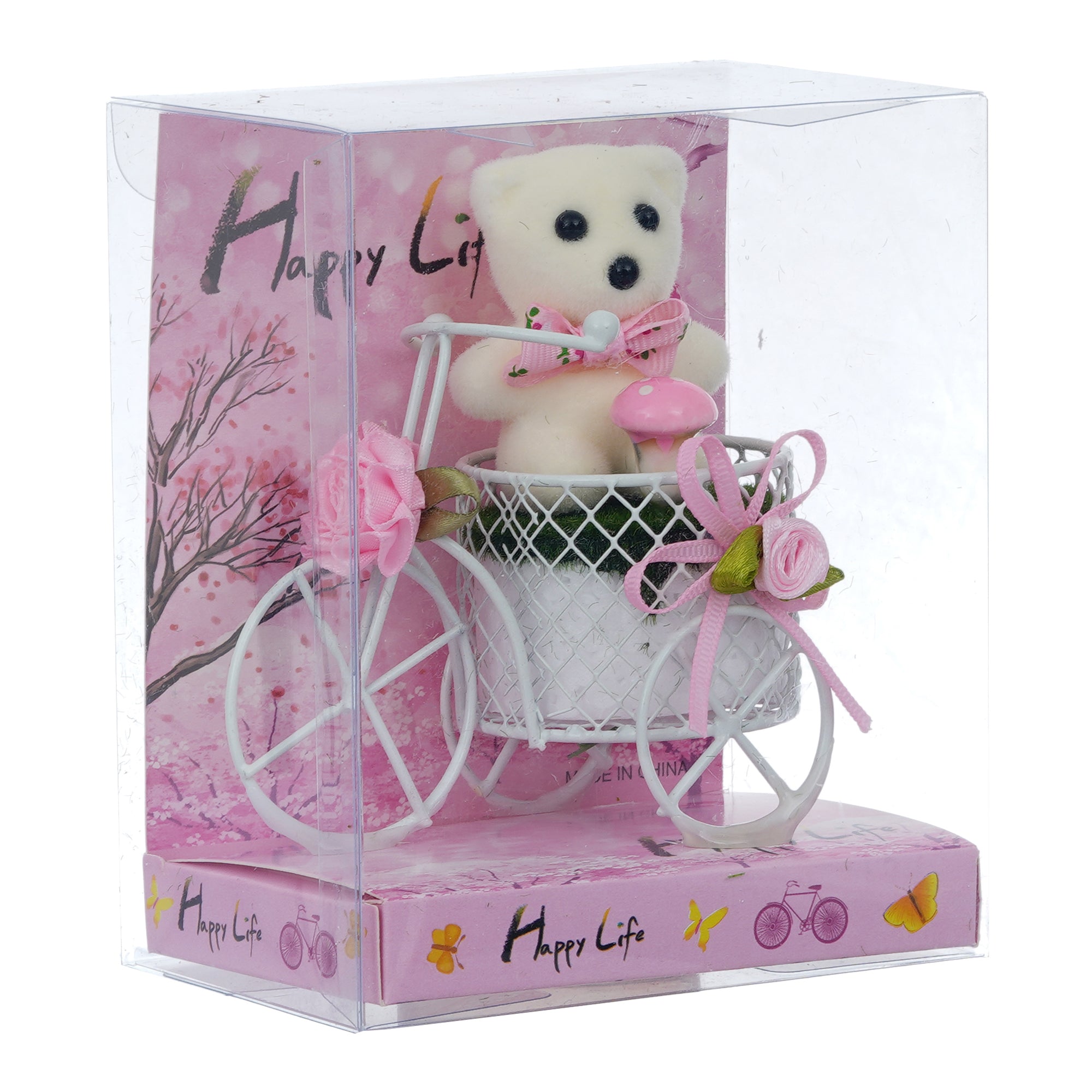 White Cycle with Teddy Bear and Rose Petals Gift Box 3