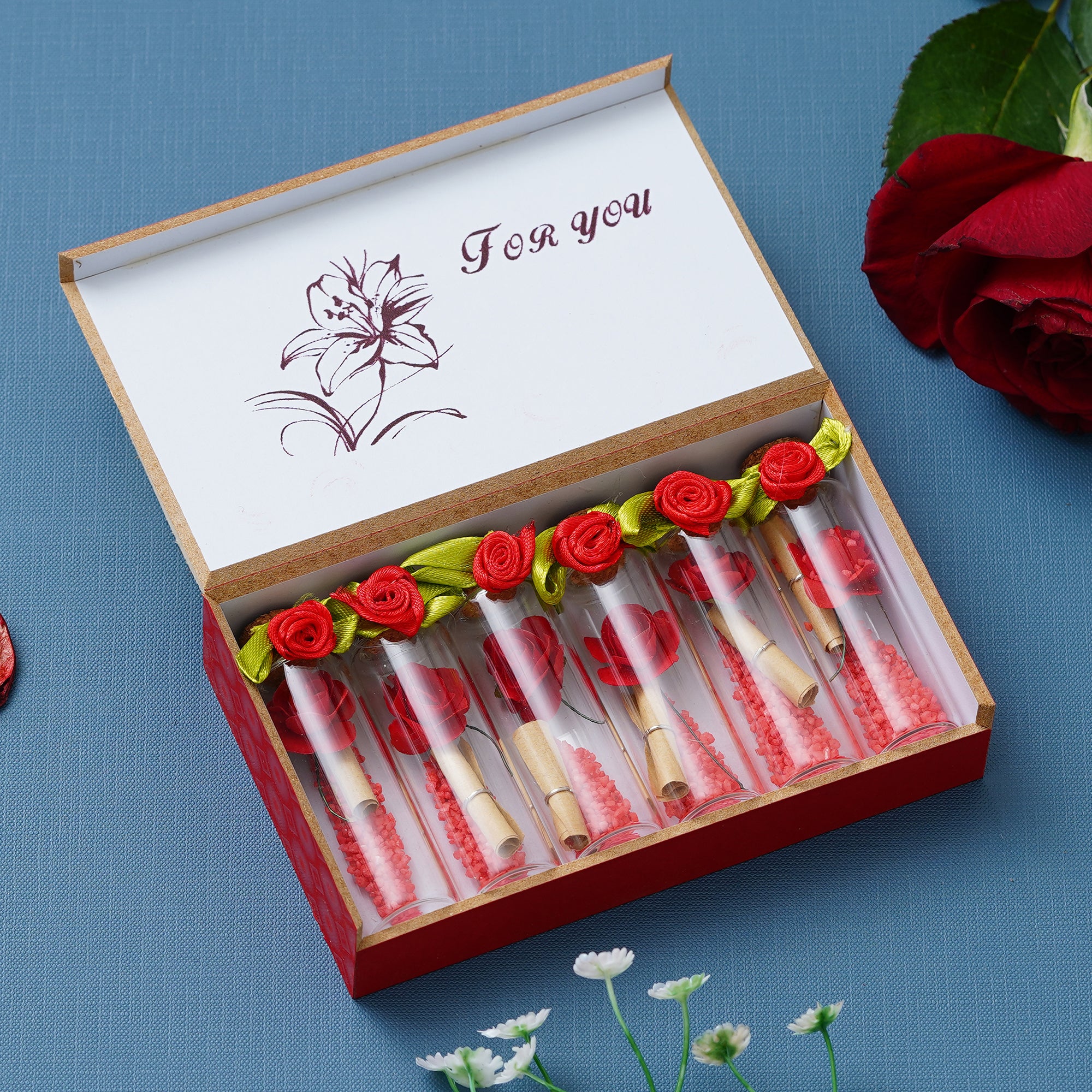 Valentine Combo of Golden Red Rose Gift Set, Red Message Bottle Wooden Box Set 3