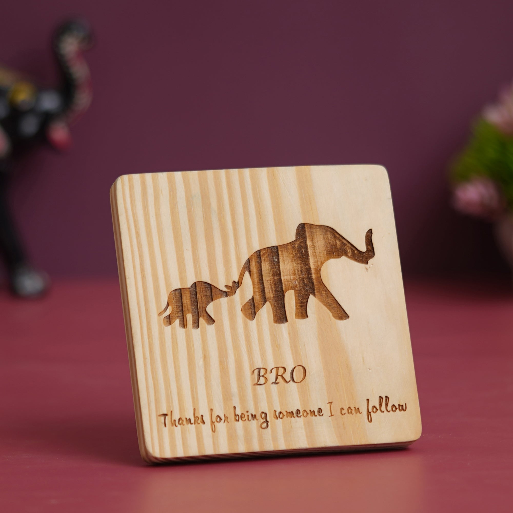 eCraftIndia Brown Wooden Message for Brother "Bro, Thanks For Being Someone I Can Follow" With 2 Elephants Decorative Showpiece Gift