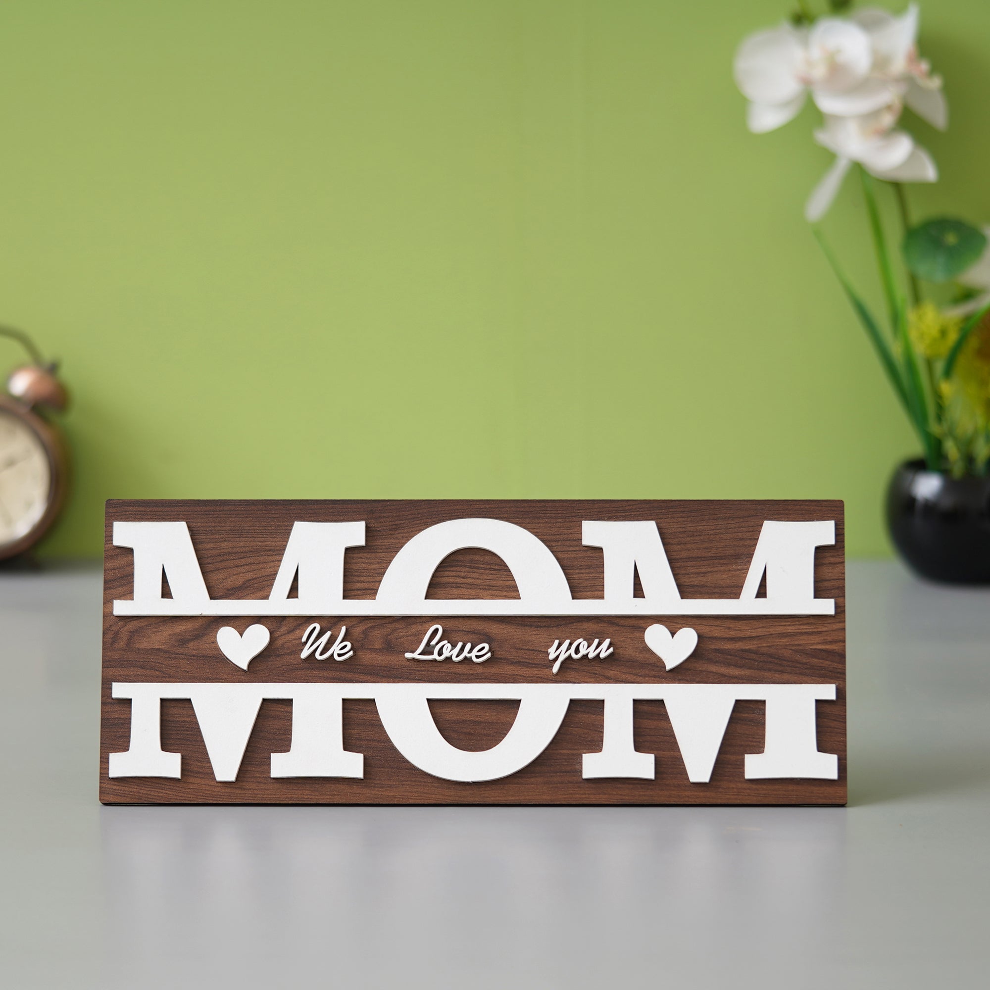 eCraftIndia Brown & White Wooden "MOM, We love you" Decorative Showpiece Gift 1