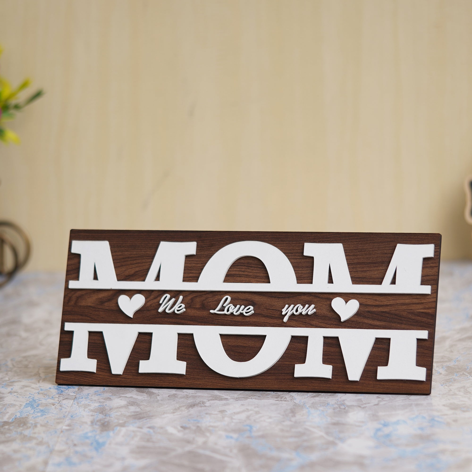 eCraftIndia Brown & White Wooden "MOM, We love you" Decorative Showpiece Gift 4