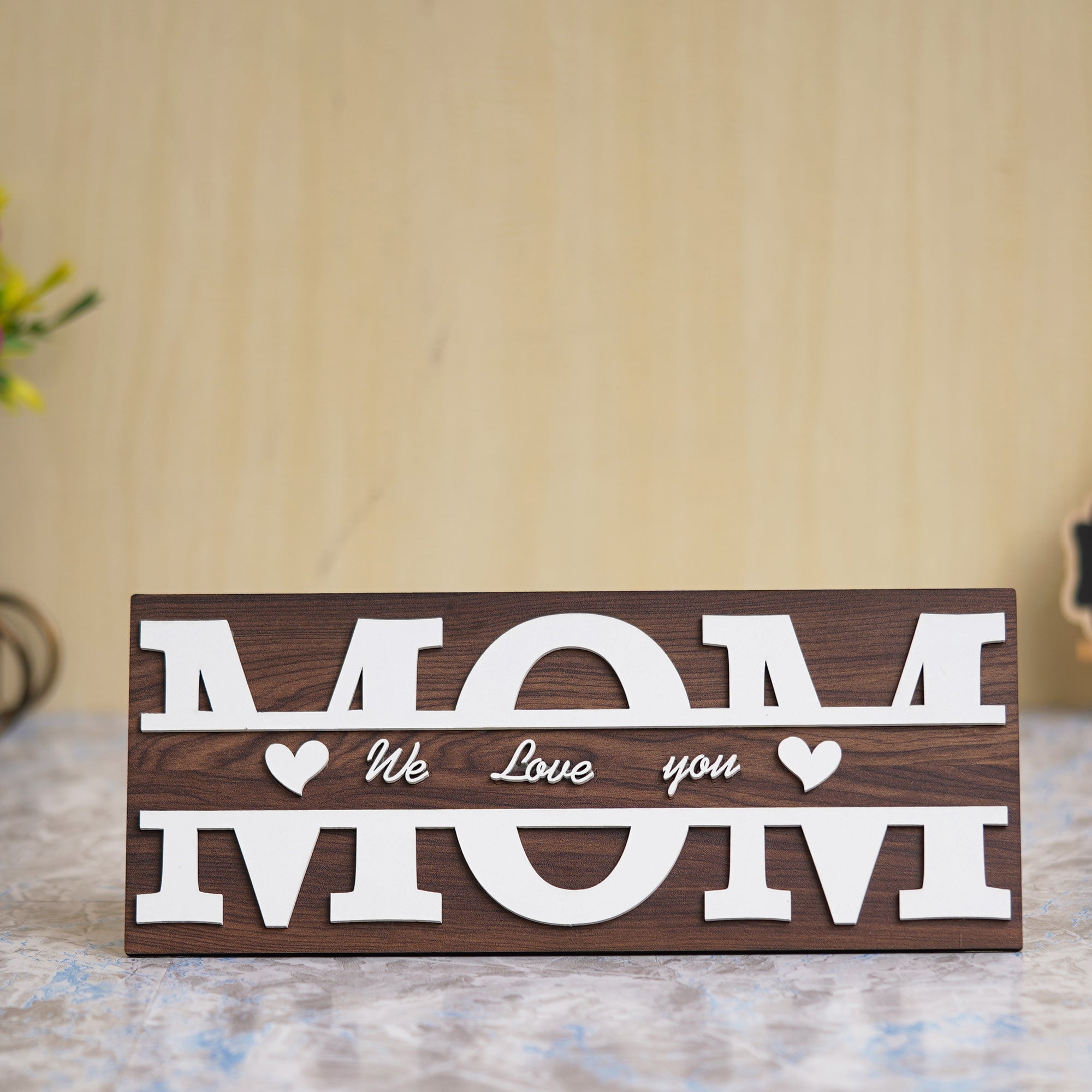 eCraftIndia Brown & White Wooden "MOM, We love you" Decorative Showpiece Gift 5