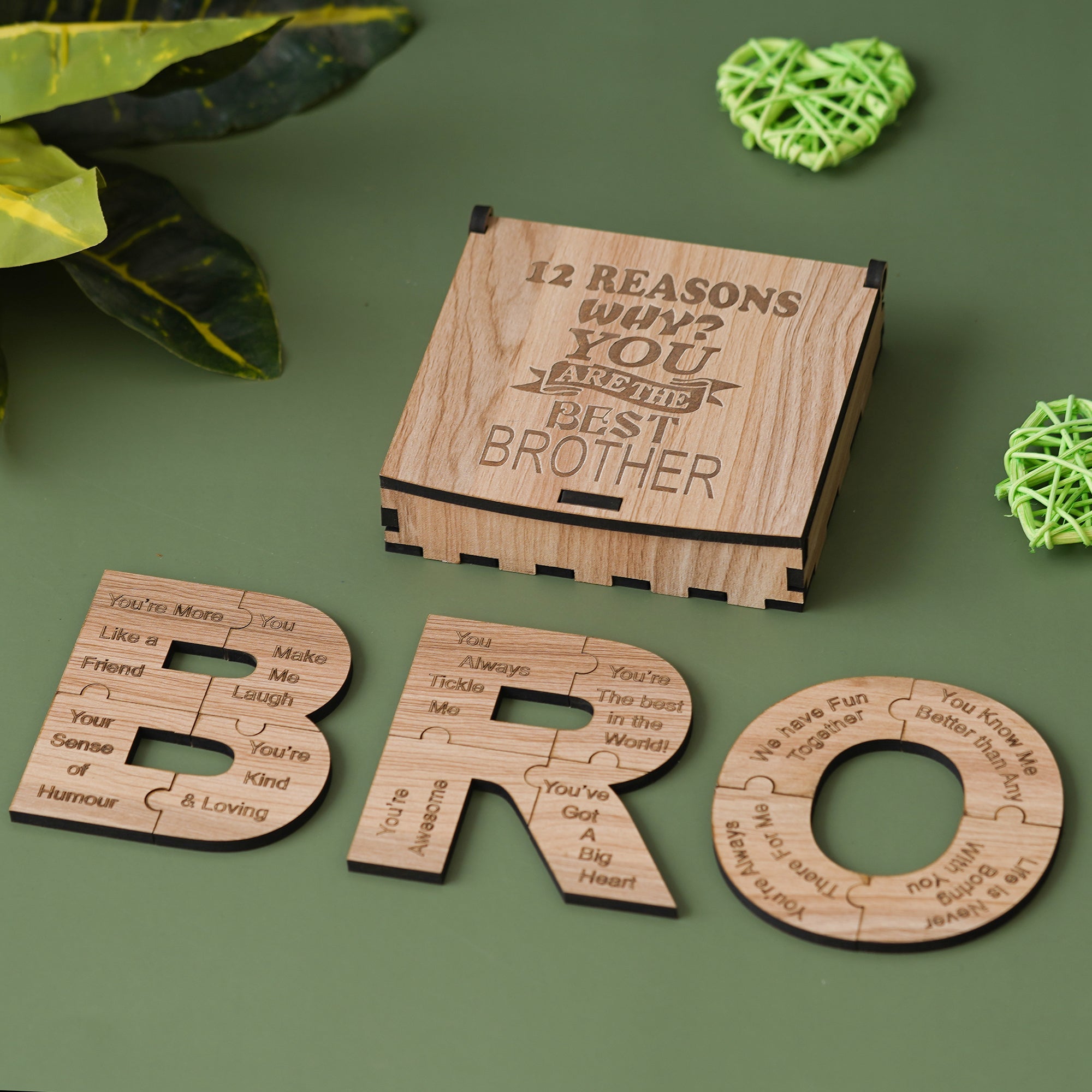 eCraftIndia Light Brown "12 Reasons Why You Are The Best Brother?" BRO Puzzle Wooden Showpiece Gift Set