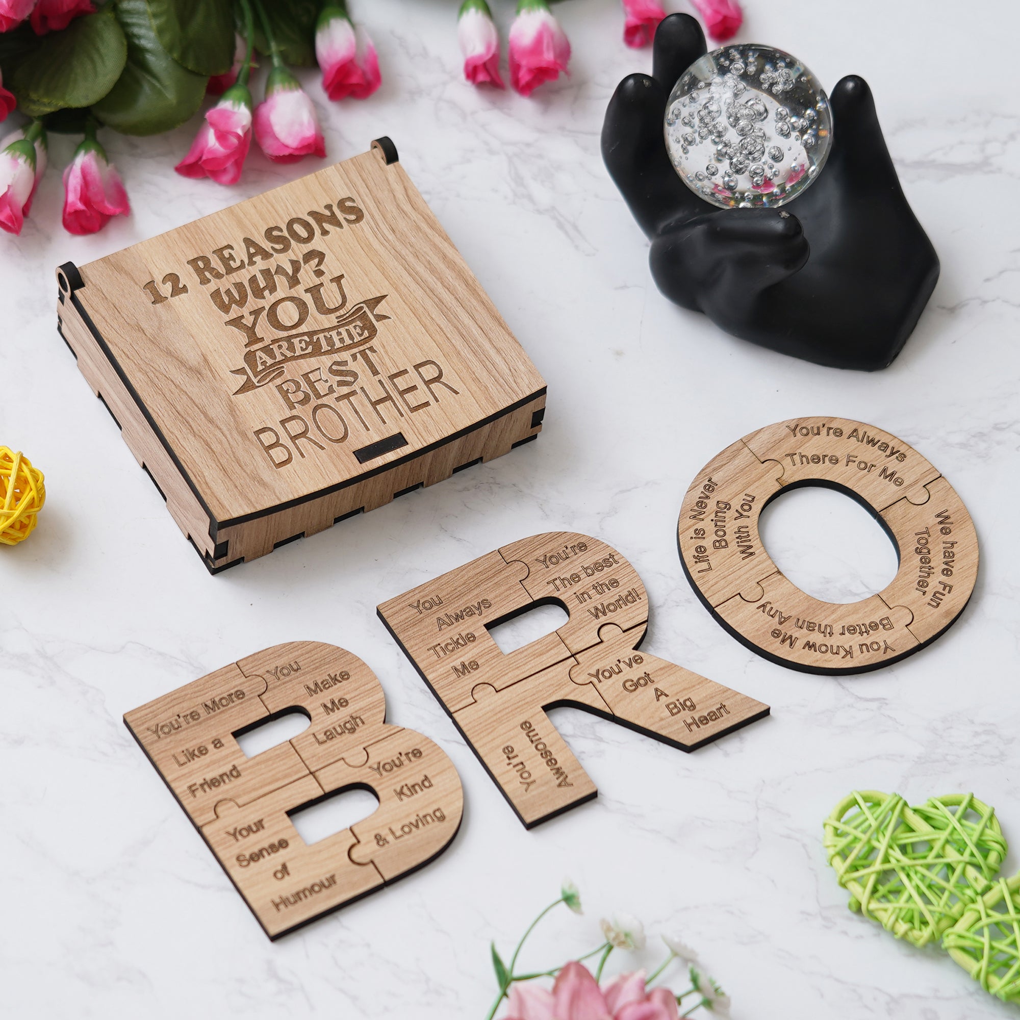 eCraftIndia Light Brown "12 Reasons Why You Are The Best Brother?" BRO Puzzle Wooden Showpiece Gift Set 5