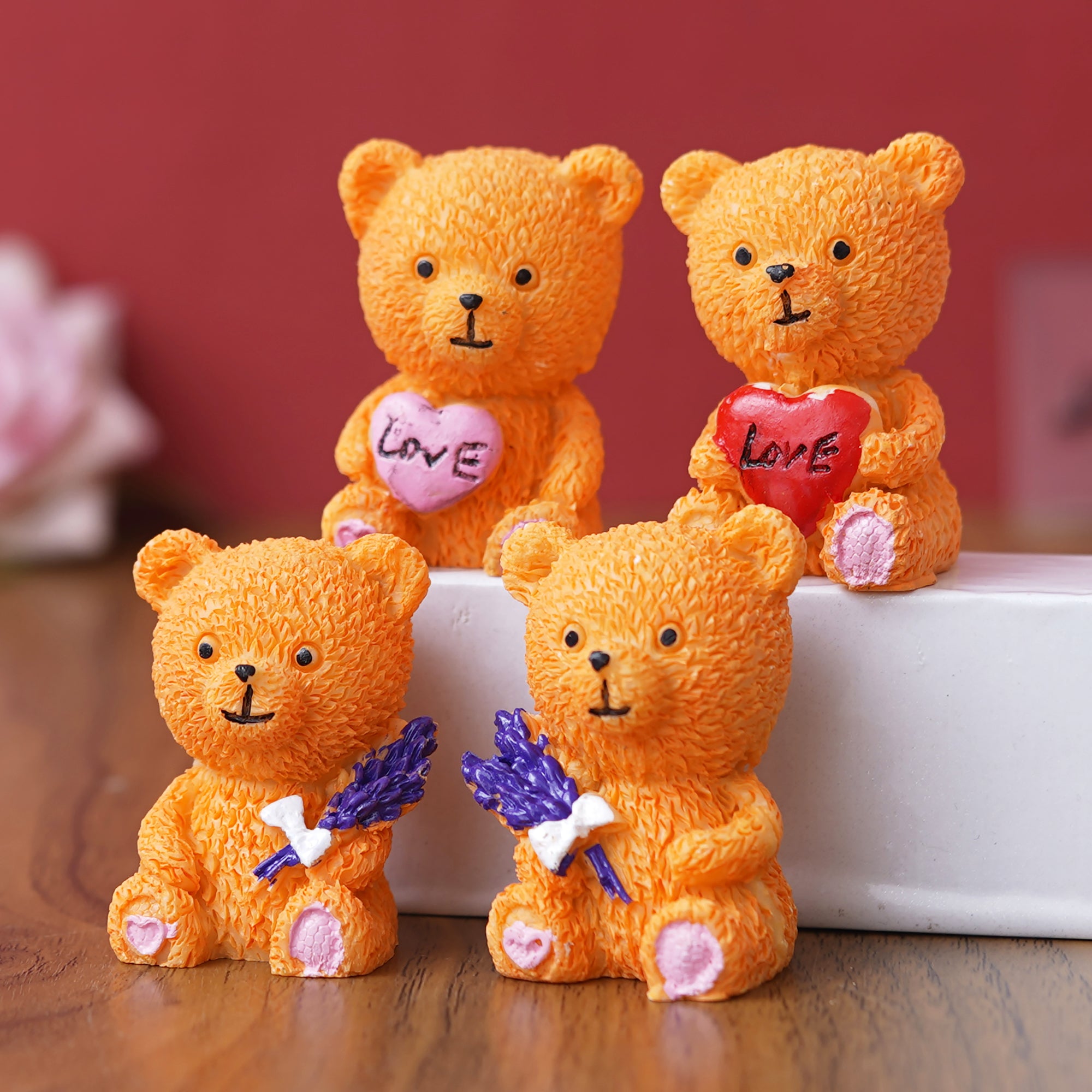 eCraftIndia Set of 4 Cute Teddy Bears with Love Heart and Flowers Showpieces 1