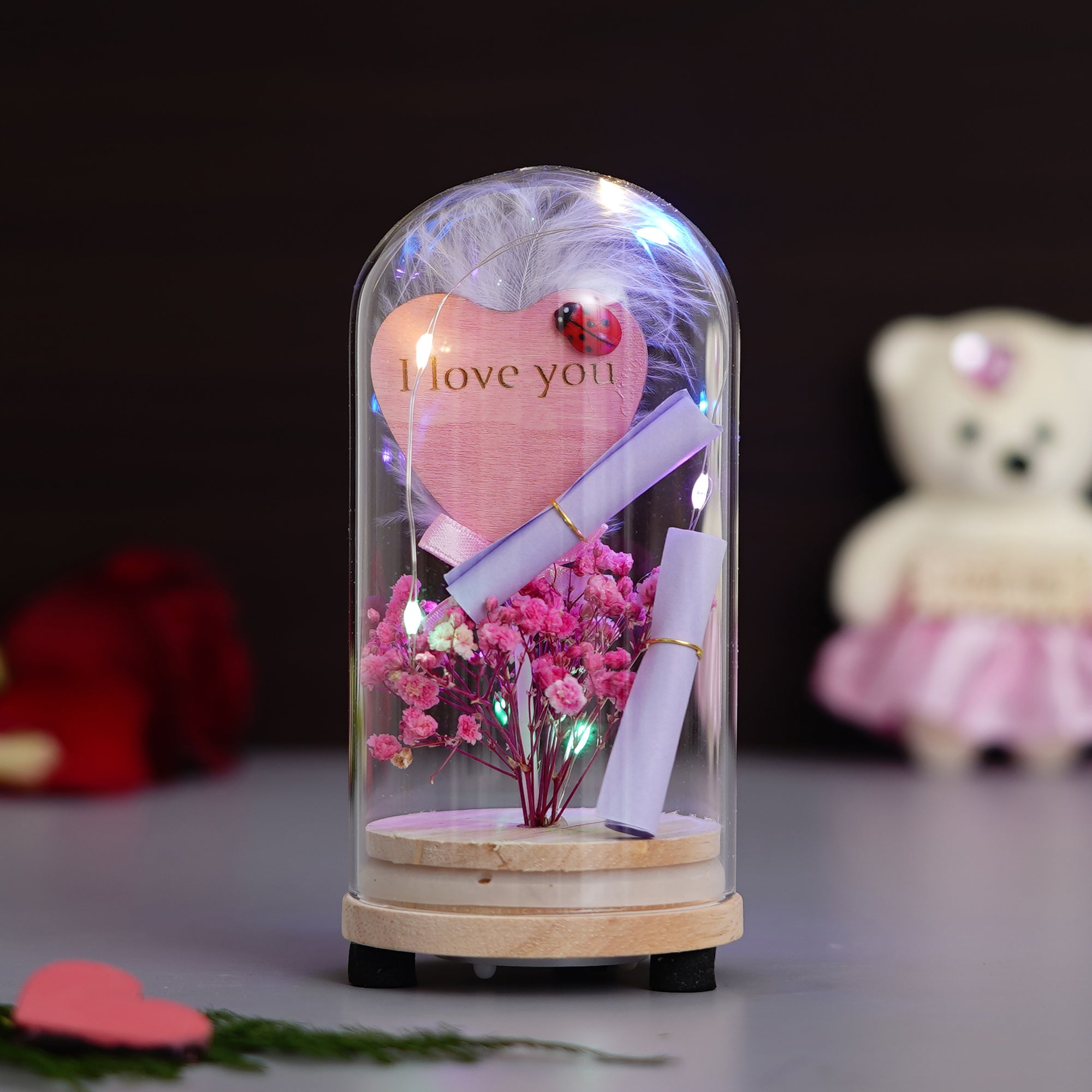 Pink Flower with Heart Message, Note and Lights Jar