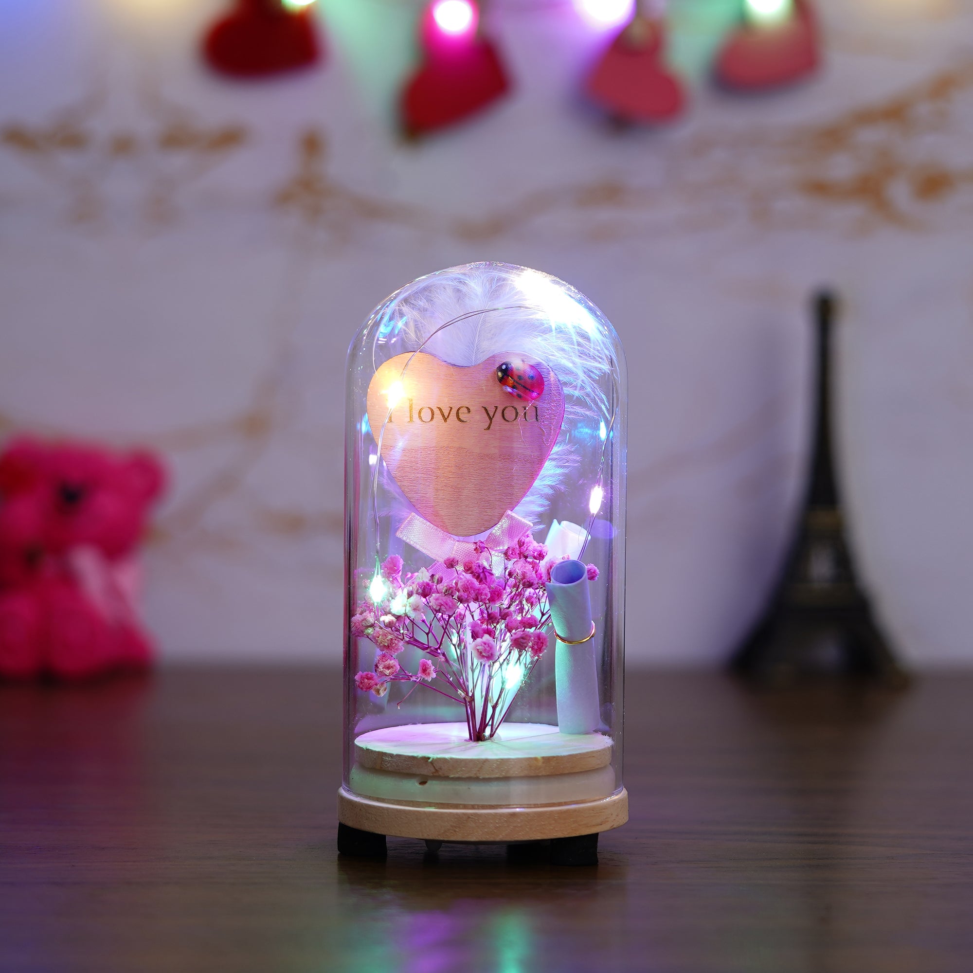 Pink Flower with Heart Message, Note and Lights Jar 1