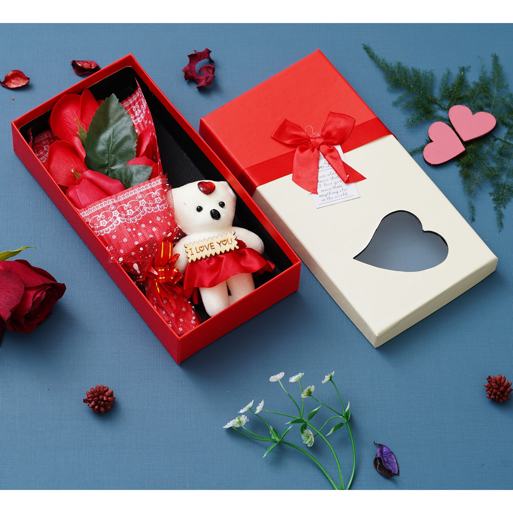 Red Roses Bouqet with White & Red Teddy Bear Valentine's Square Shaped Gift Box 2