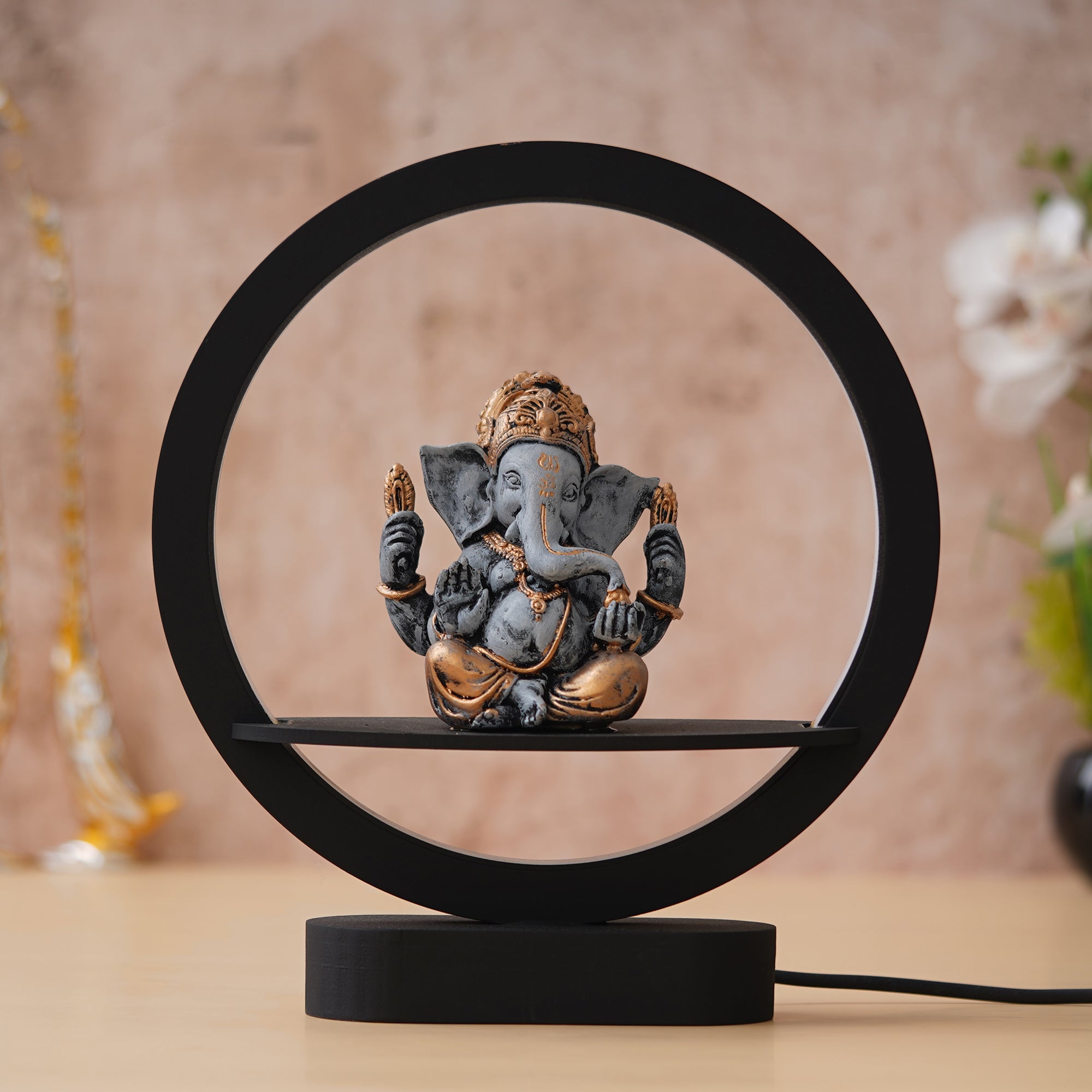 eCraftIndia Grey Golden Polyresin Blessing Lord Ganesha Idol Decorative Circular Night Lamp