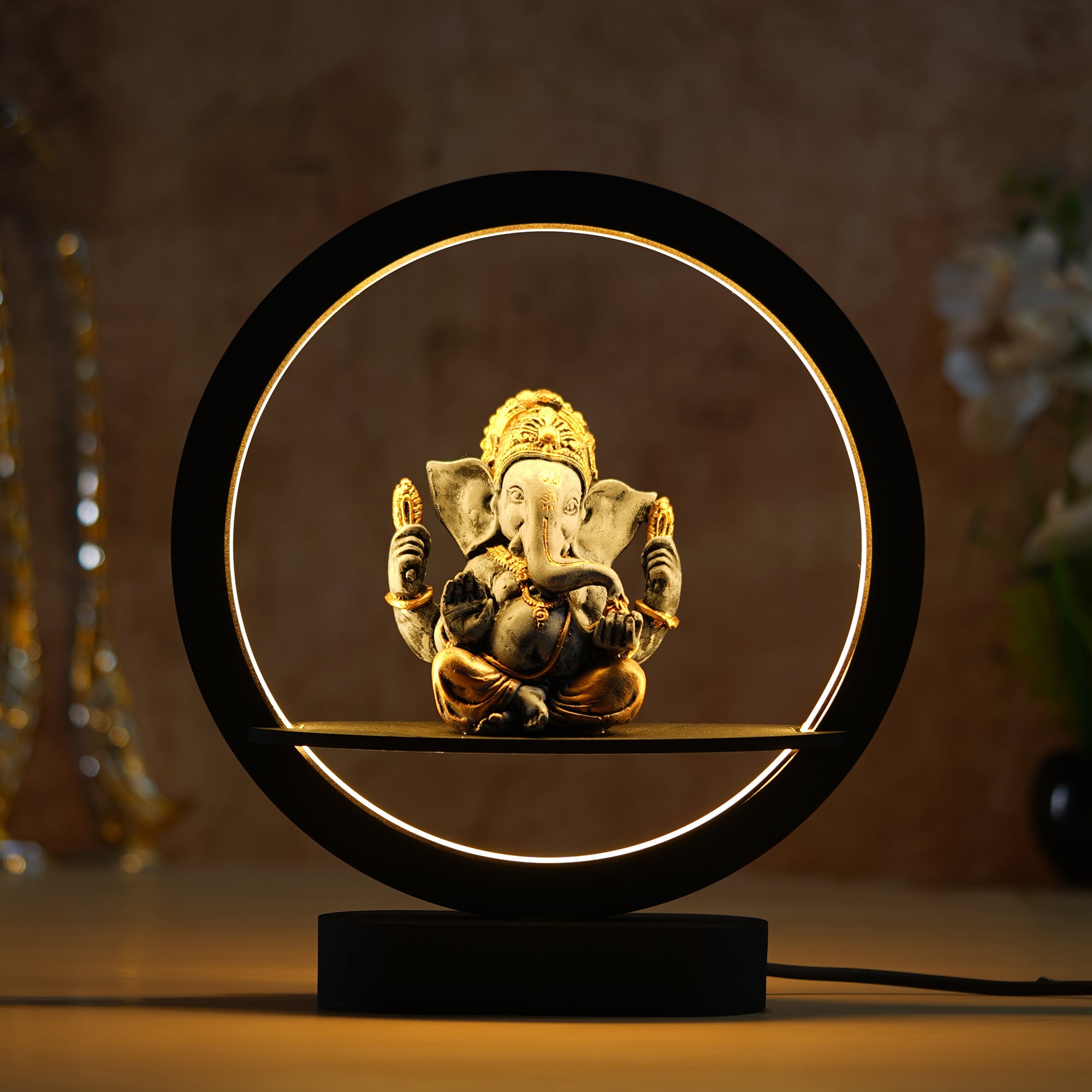 eCraftIndia Grey Golden Polyresin Blessing Lord Ganesha Idol Decorative Circular Night Lamp 1