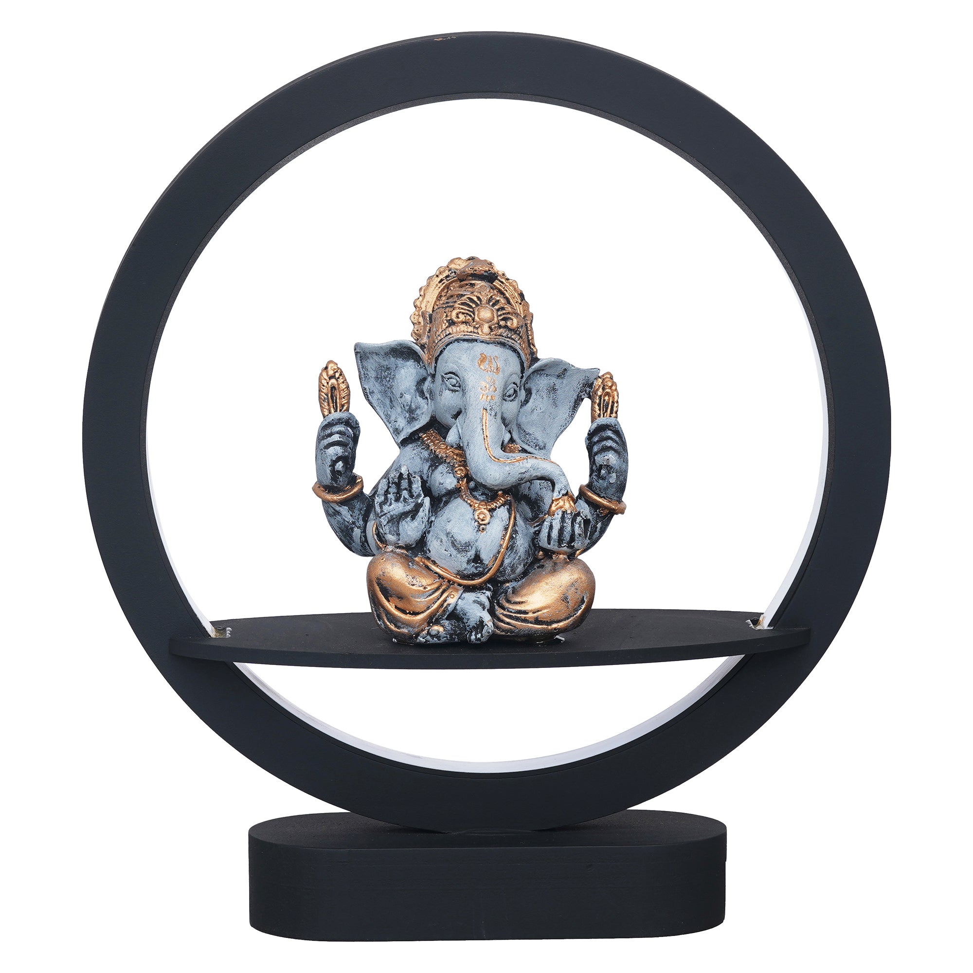 eCraftIndia Grey Golden Polyresin Blessing Lord Ganesha Idol Decorative Circular Night Lamp 2