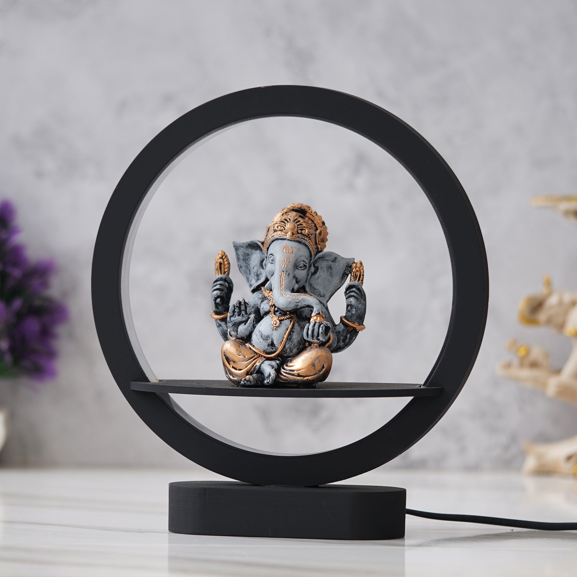 eCraftIndia Grey Golden Polyresin Blessing Lord Ganesha Idol Decorative Circular Night Lamp 4