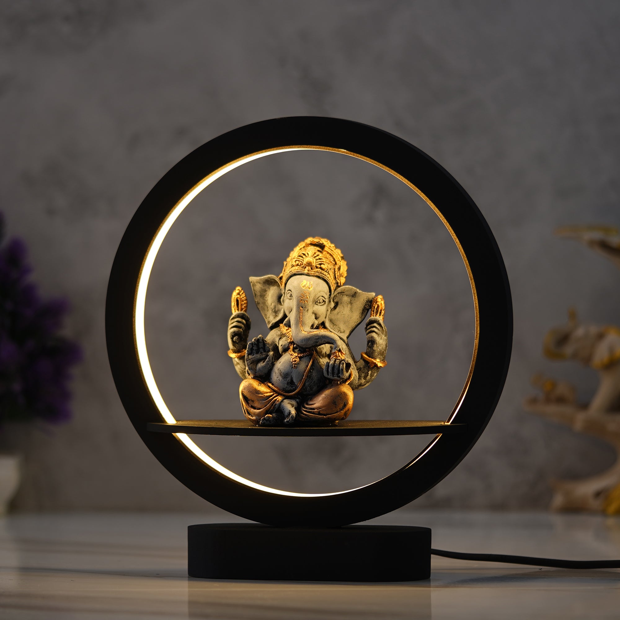 eCraftIndia Grey Golden Polyresin Blessing Lord Ganesha Idol Decorative Circular Night Lamp 5