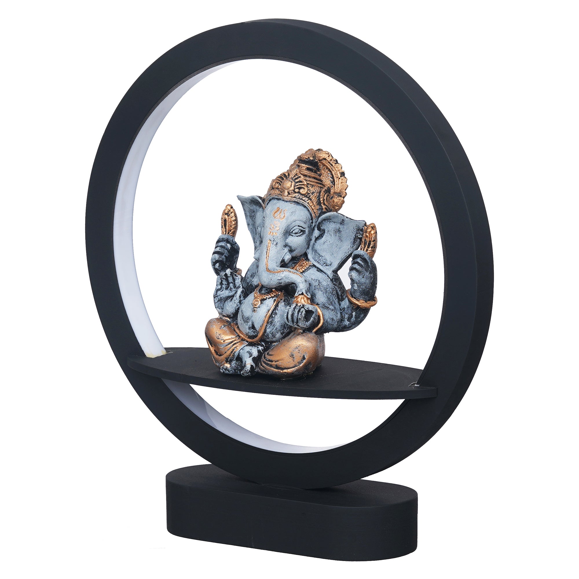 eCraftIndia Grey Golden Polyresin Blessing Lord Ganesha Idol Decorative Circular Night Lamp 7