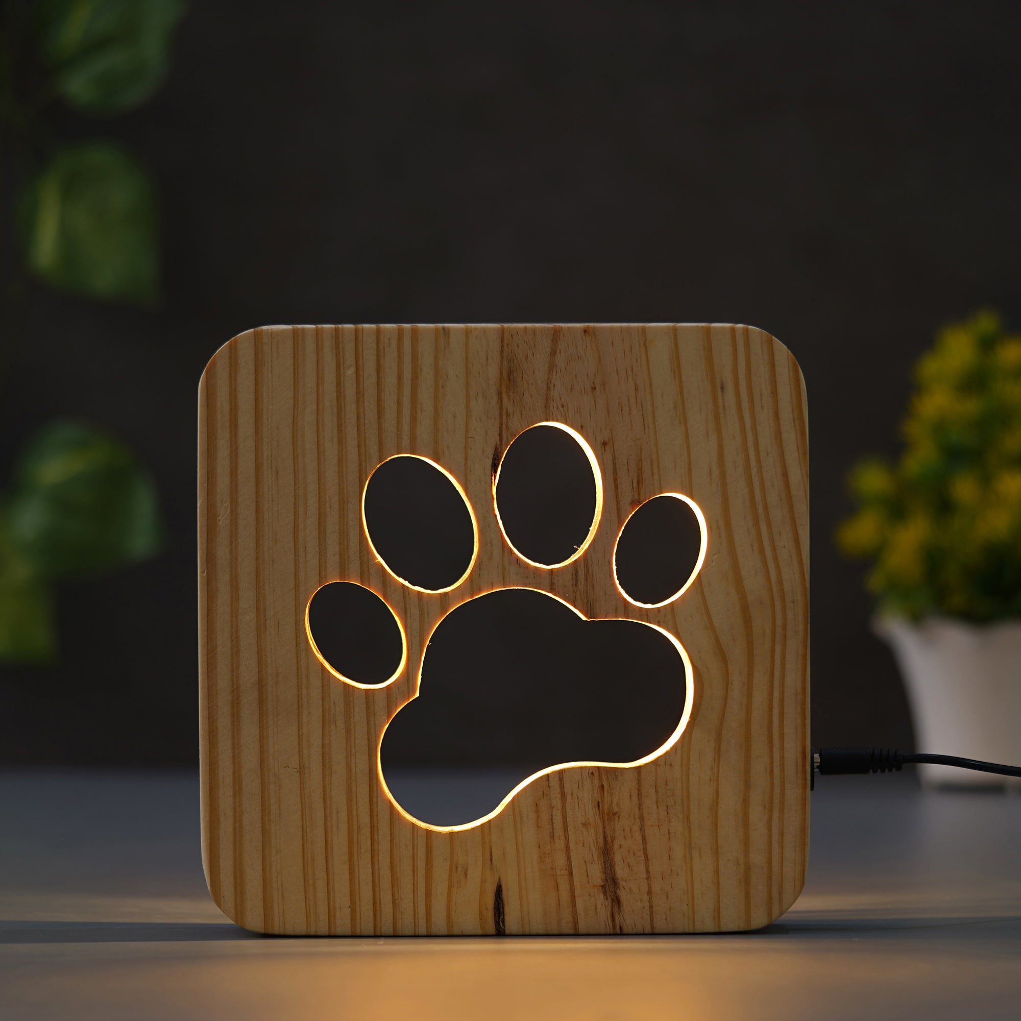 eCraftIndia Dog Paw Carving Wooden LED Table Lamp USB Night Light with Button Switch