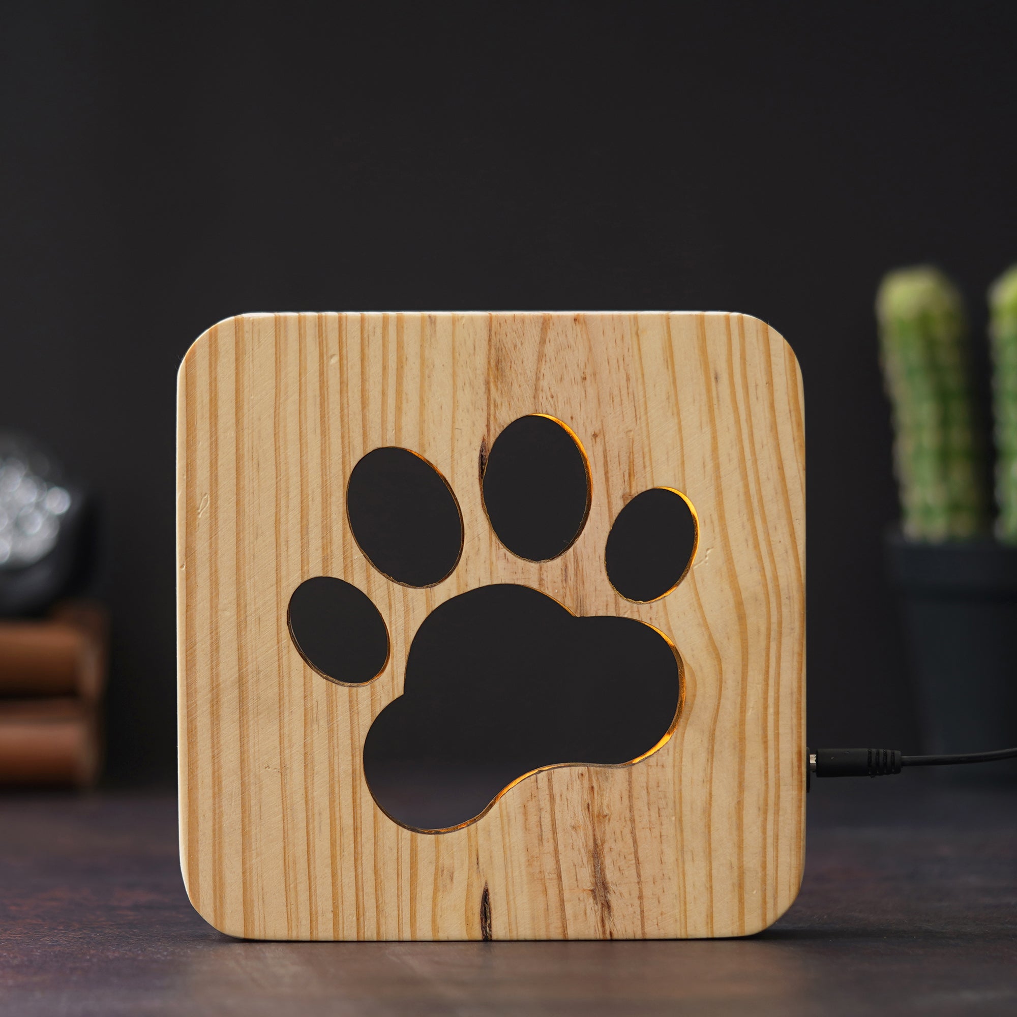 eCraftIndia Dog Paw Carving Wooden LED Table Lamp USB Night Light with Button Switch 1