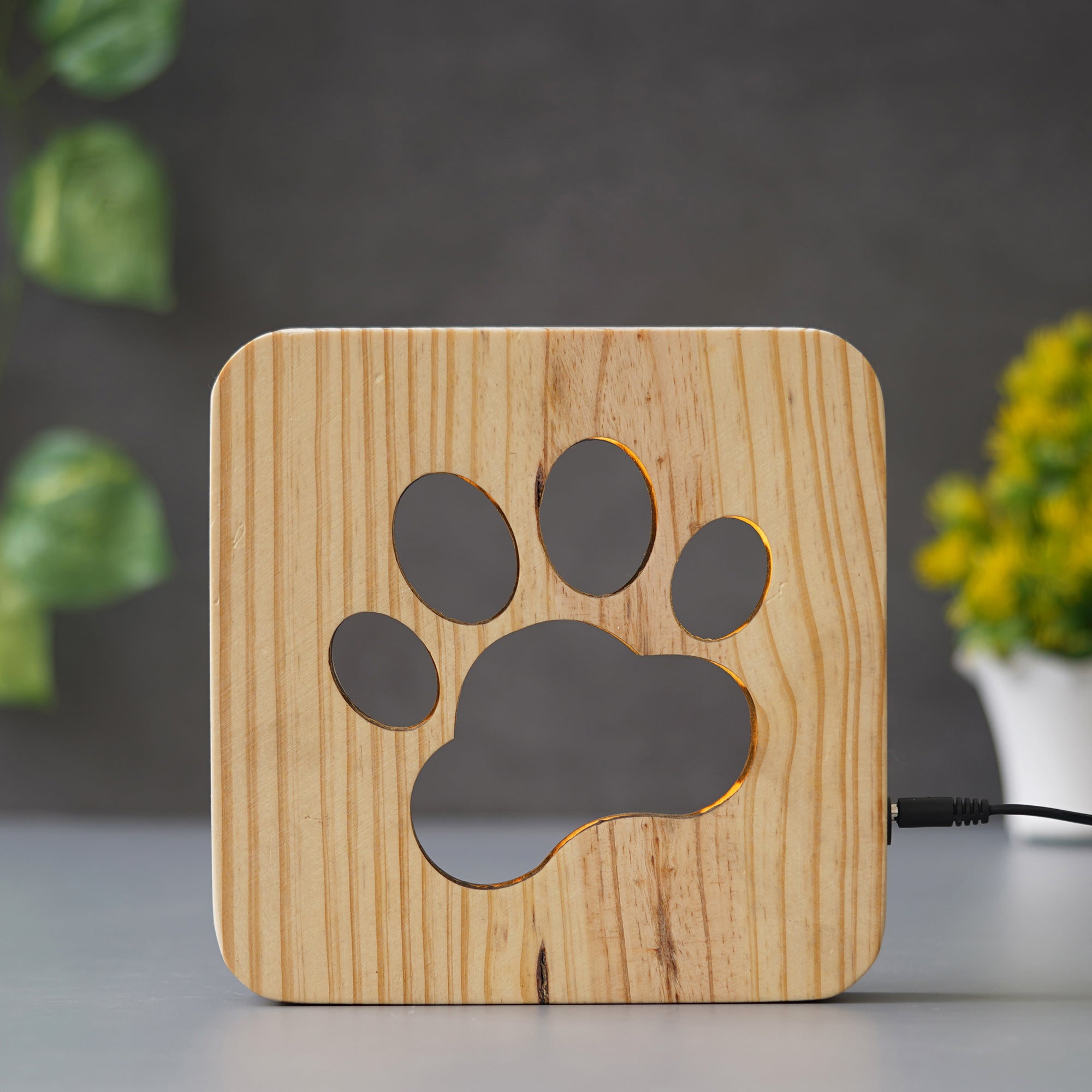 eCraftIndia Dog Paw Carving Wooden LED Table Lamp USB Night Light with Button Switch 5