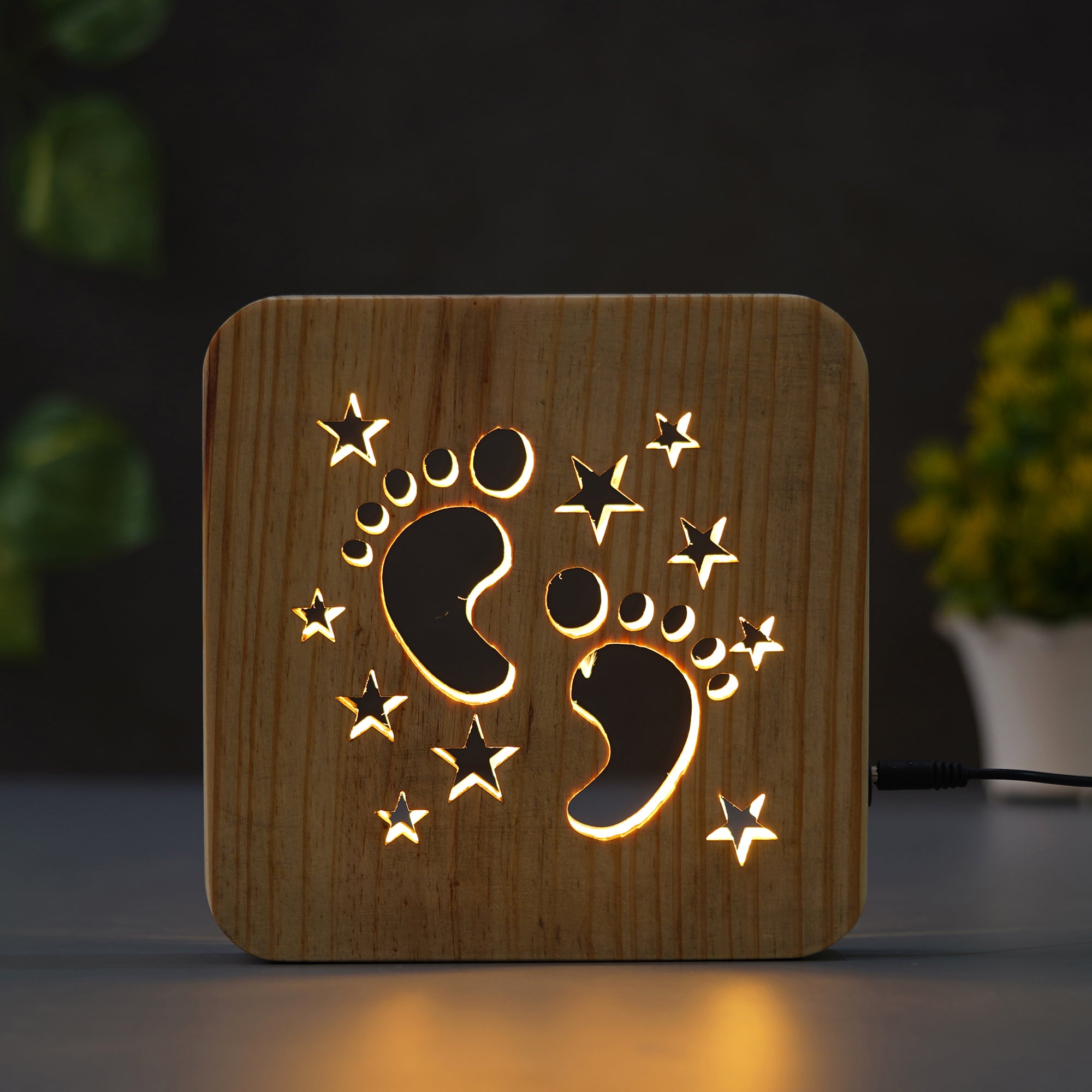 eCraftIndia Kids Foot and Stars Carving Wooden LED Table Lamp USB Night Light with Button Switch