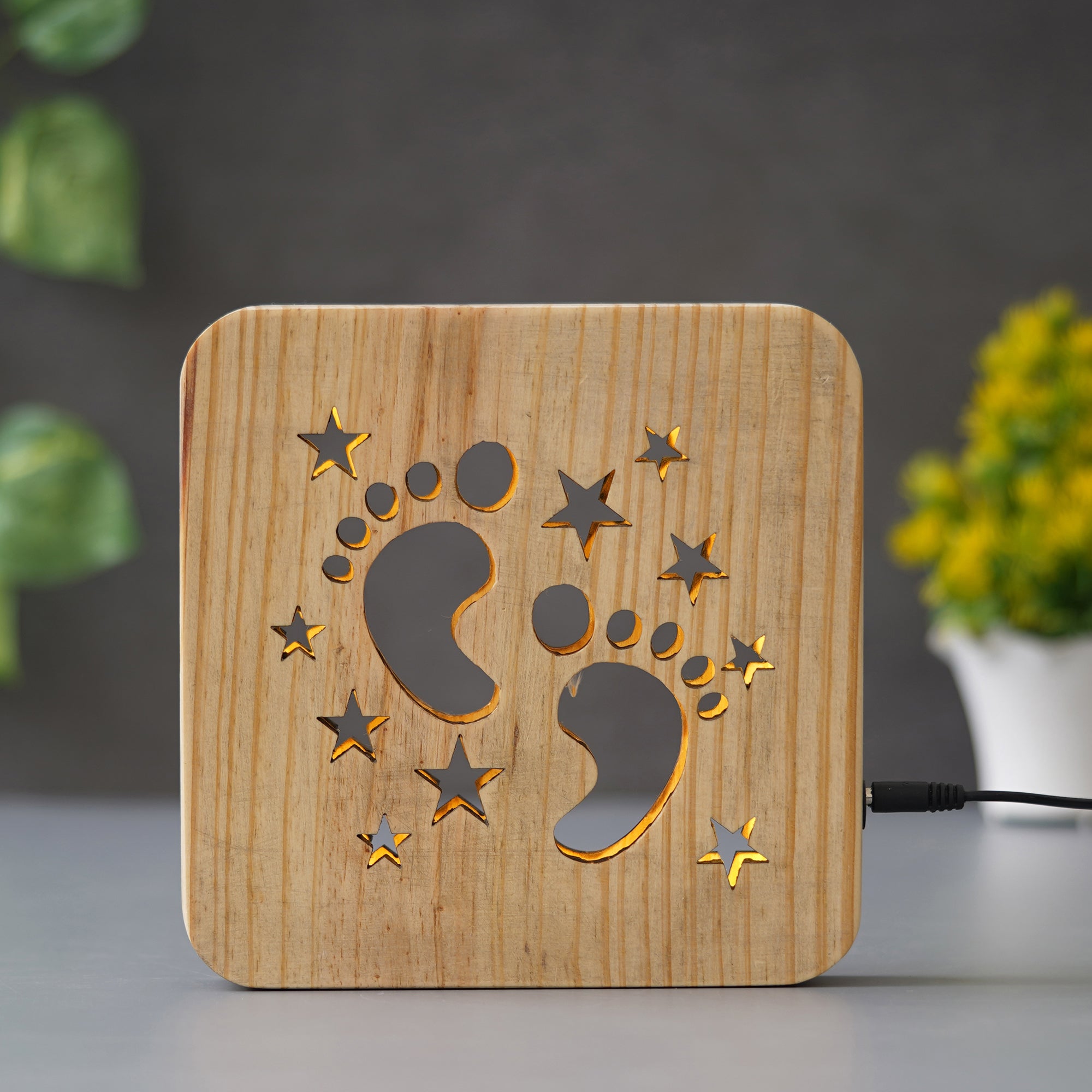 eCraftIndia Kids Foot and Stars Carving Wooden LED Table Lamp USB Night Light with Button Switch 1